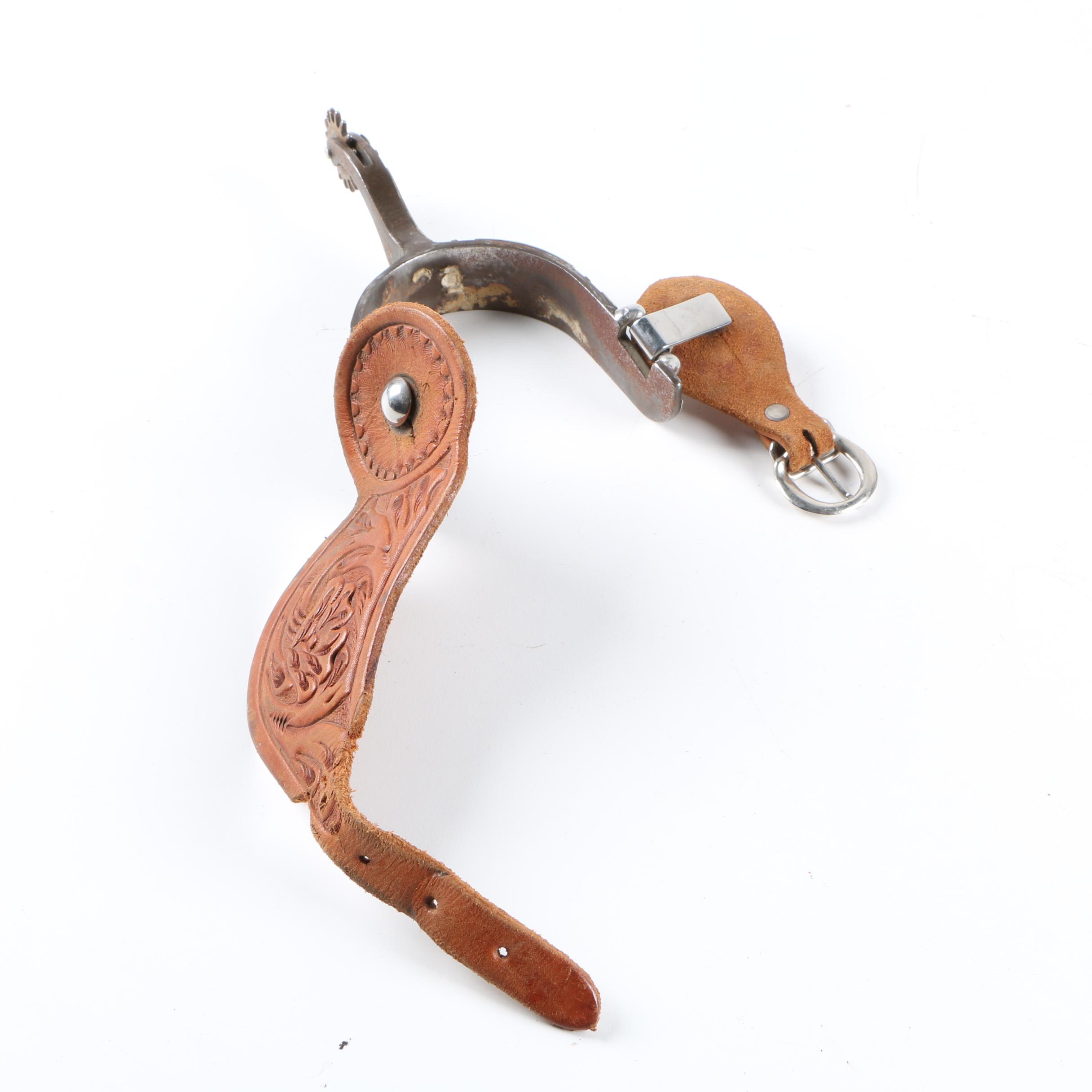 Pair of Spurs with Tooled Leather Straps