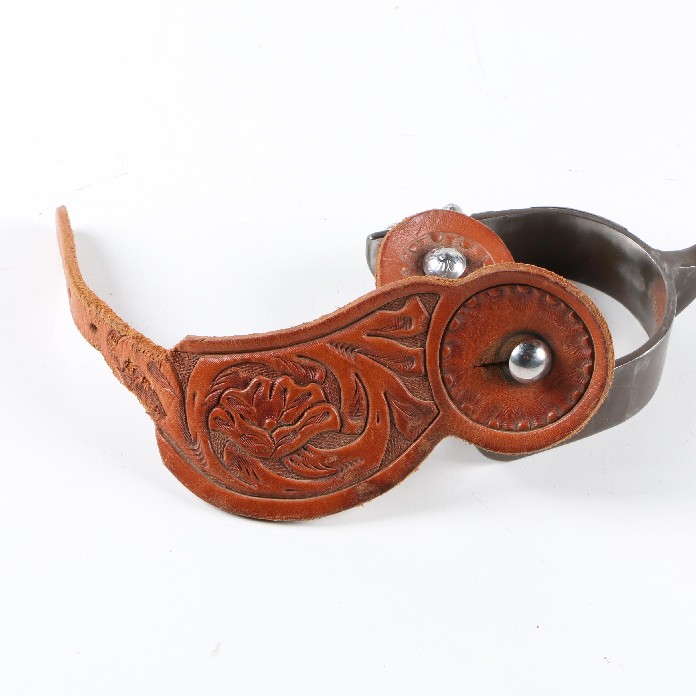 Pair of Spurs with Tooled Leather Straps