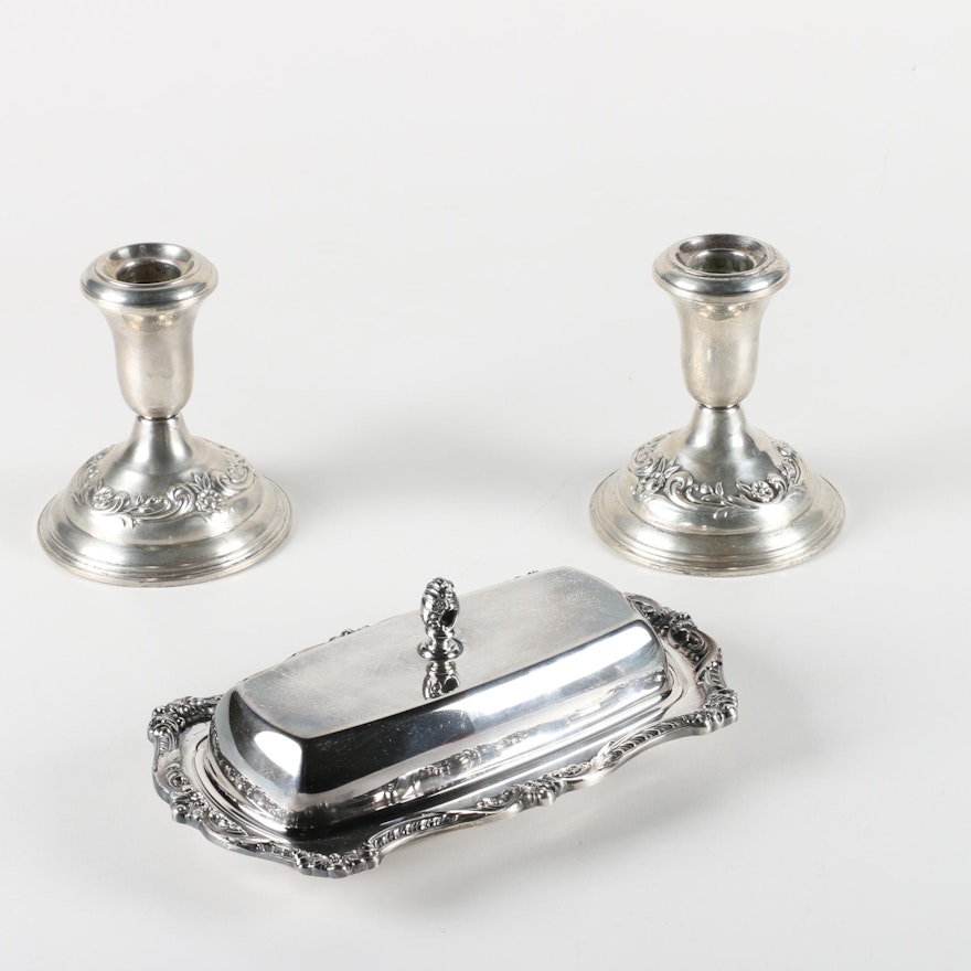 Reed & Barton Weighted Sterling Candleholders and Poole Silver Plate Butter Dish