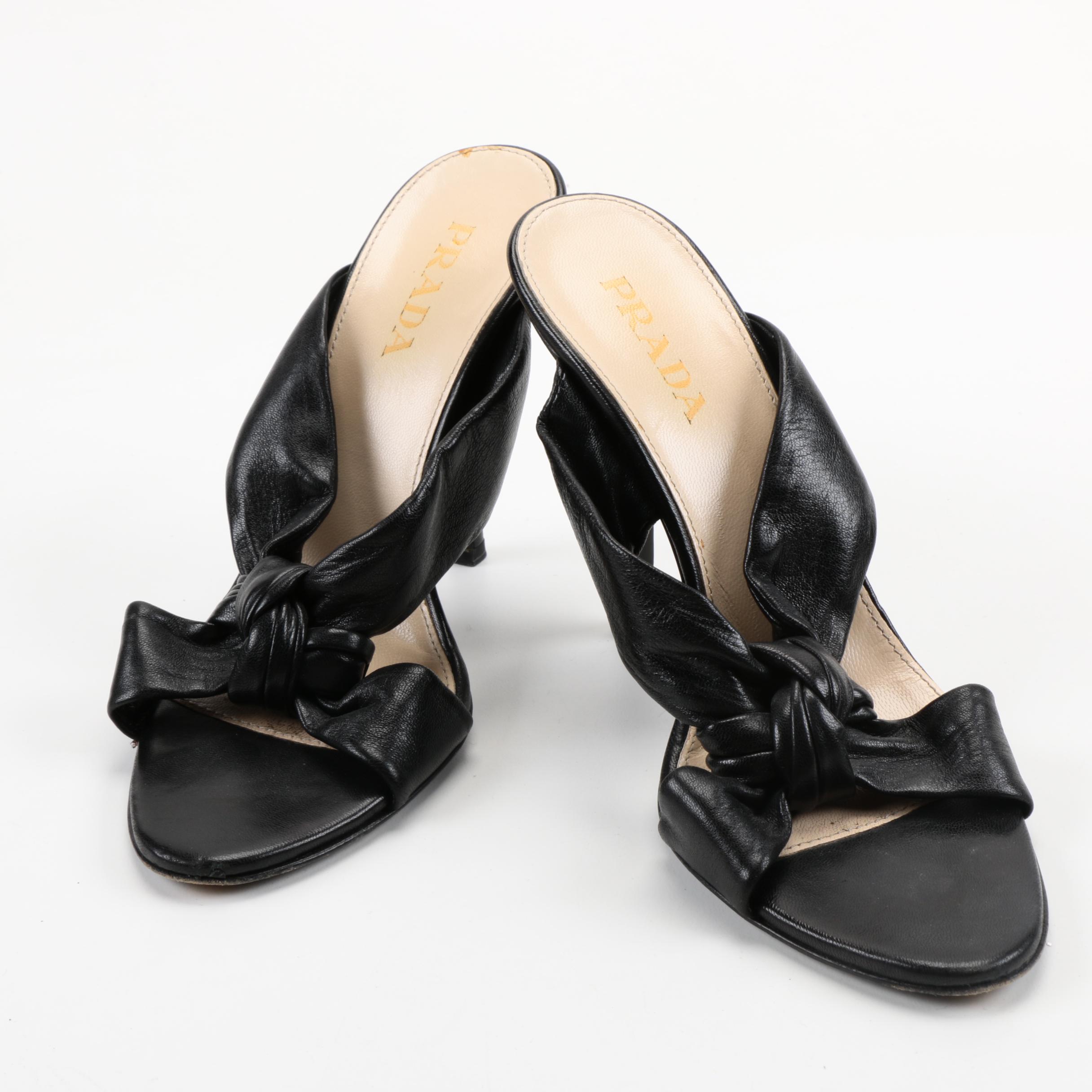 Prada Black Leather Heeled Sandals