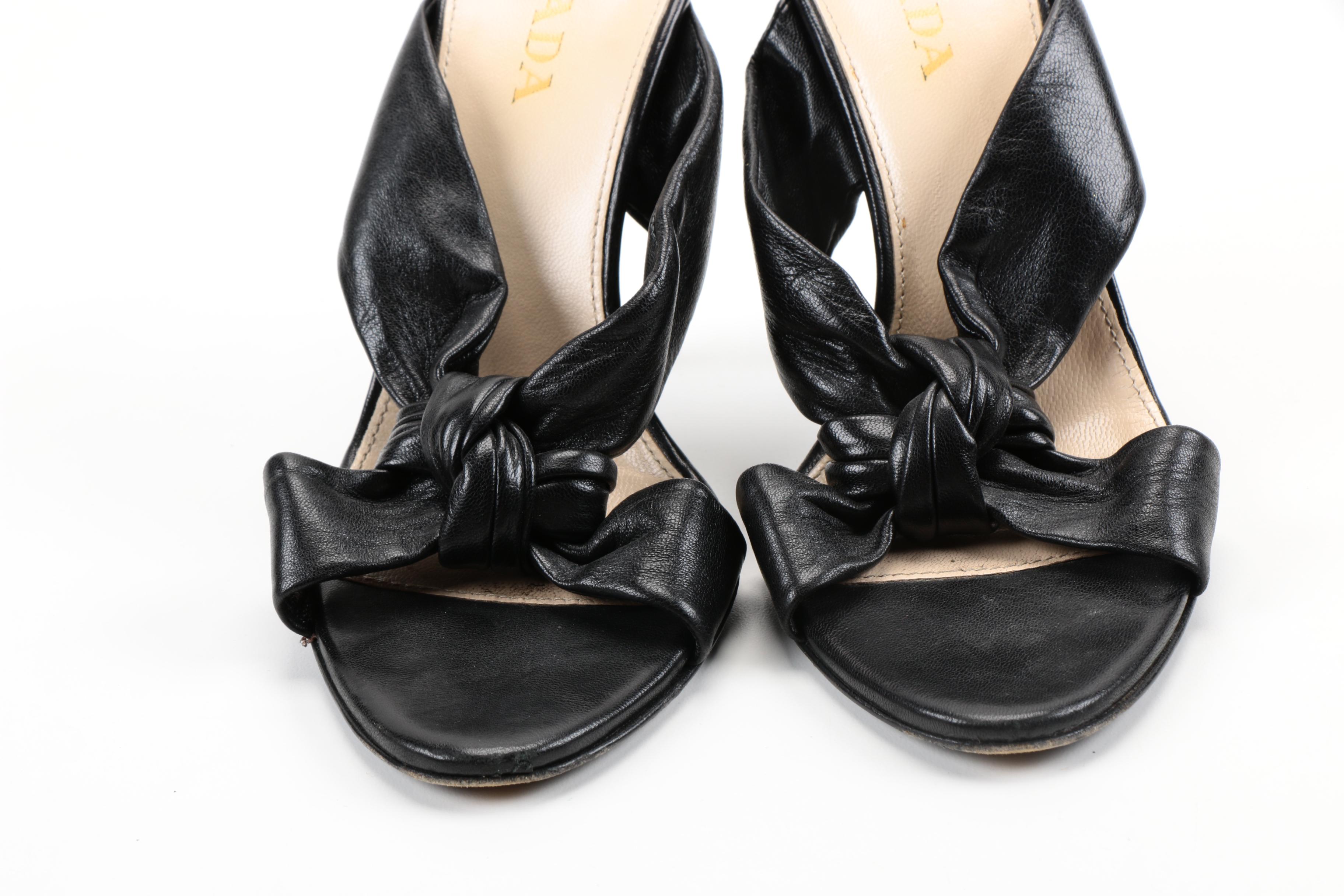 Prada Black Leather Heeled Sandals