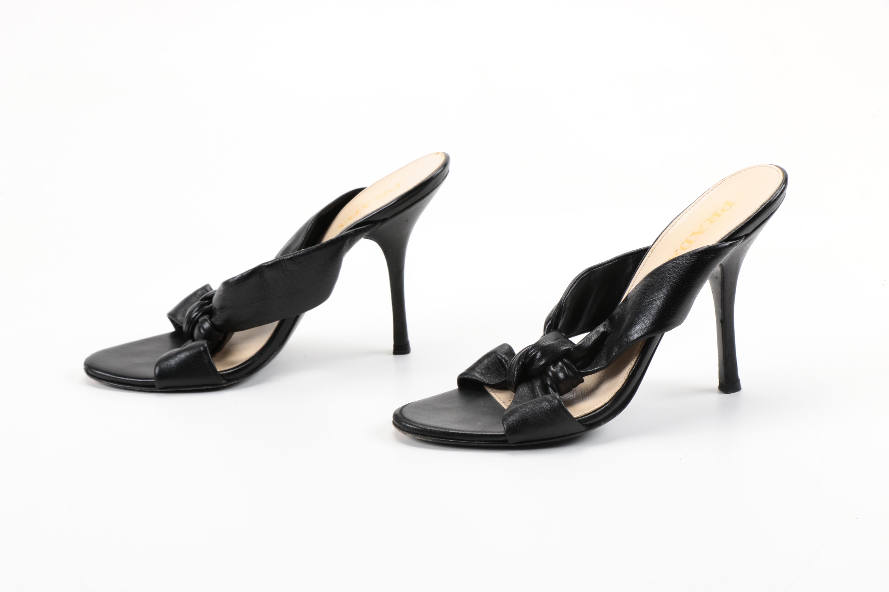Prada Black Leather Heeled Sandals