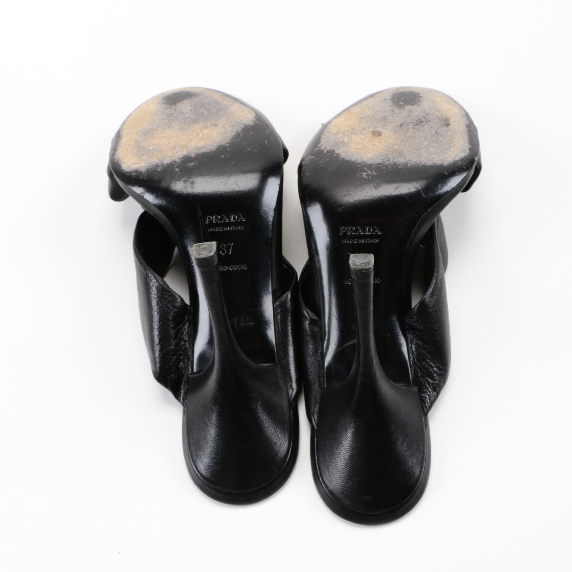 Prada Black Leather Heeled Sandals