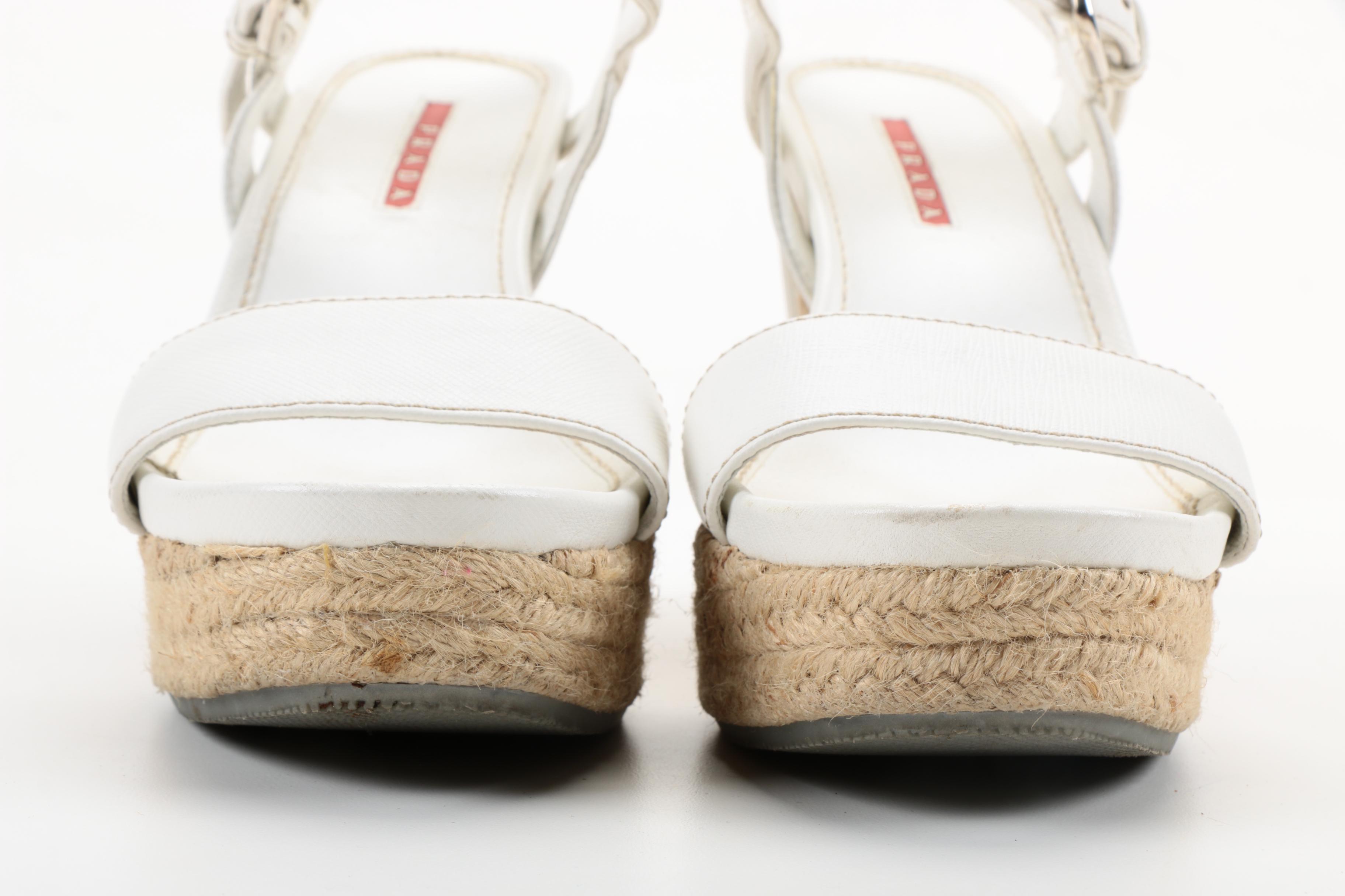 Prada White Leather and Rope Platform Wedge Sandals