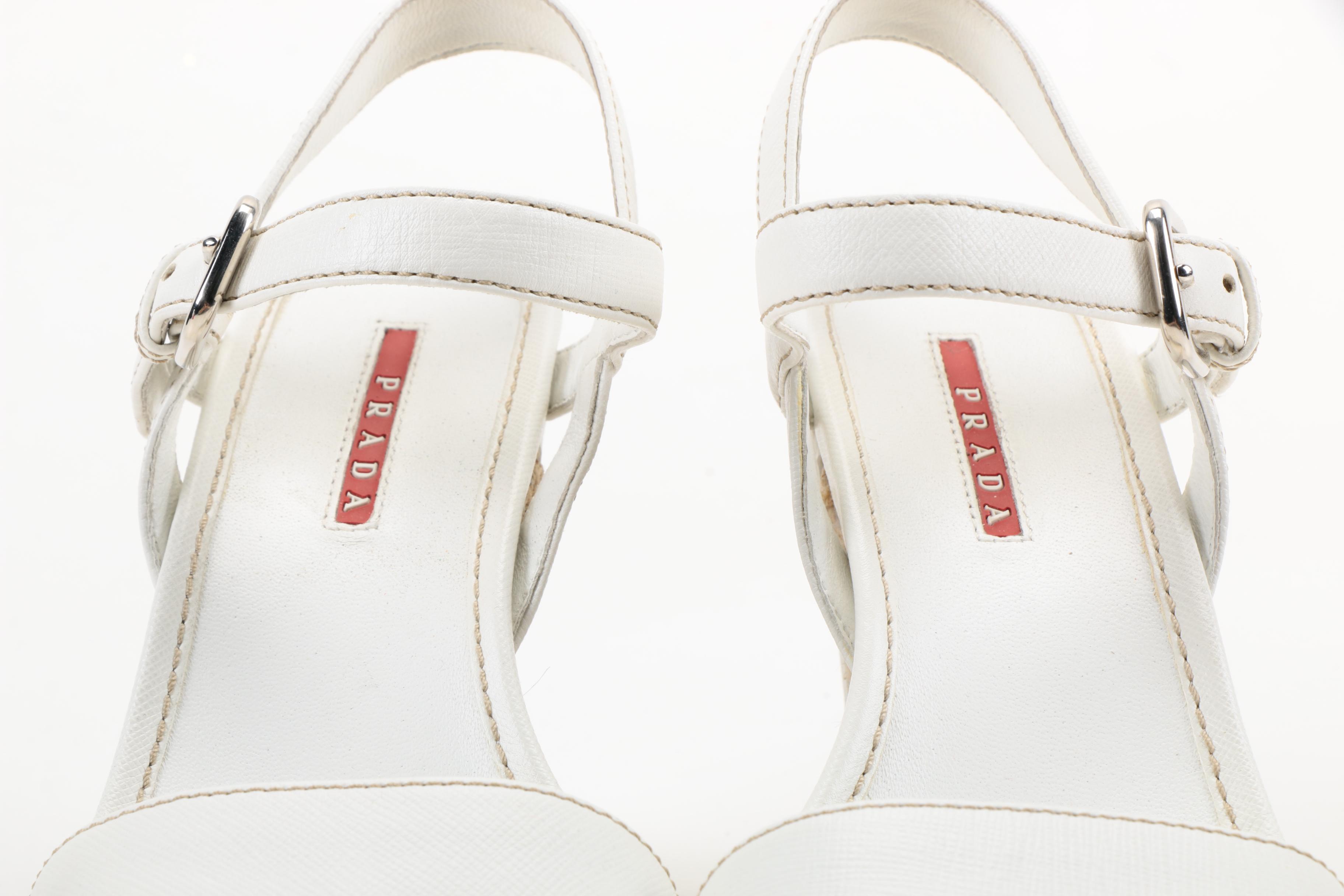Prada White Leather and Rope Platform Wedge Sandals