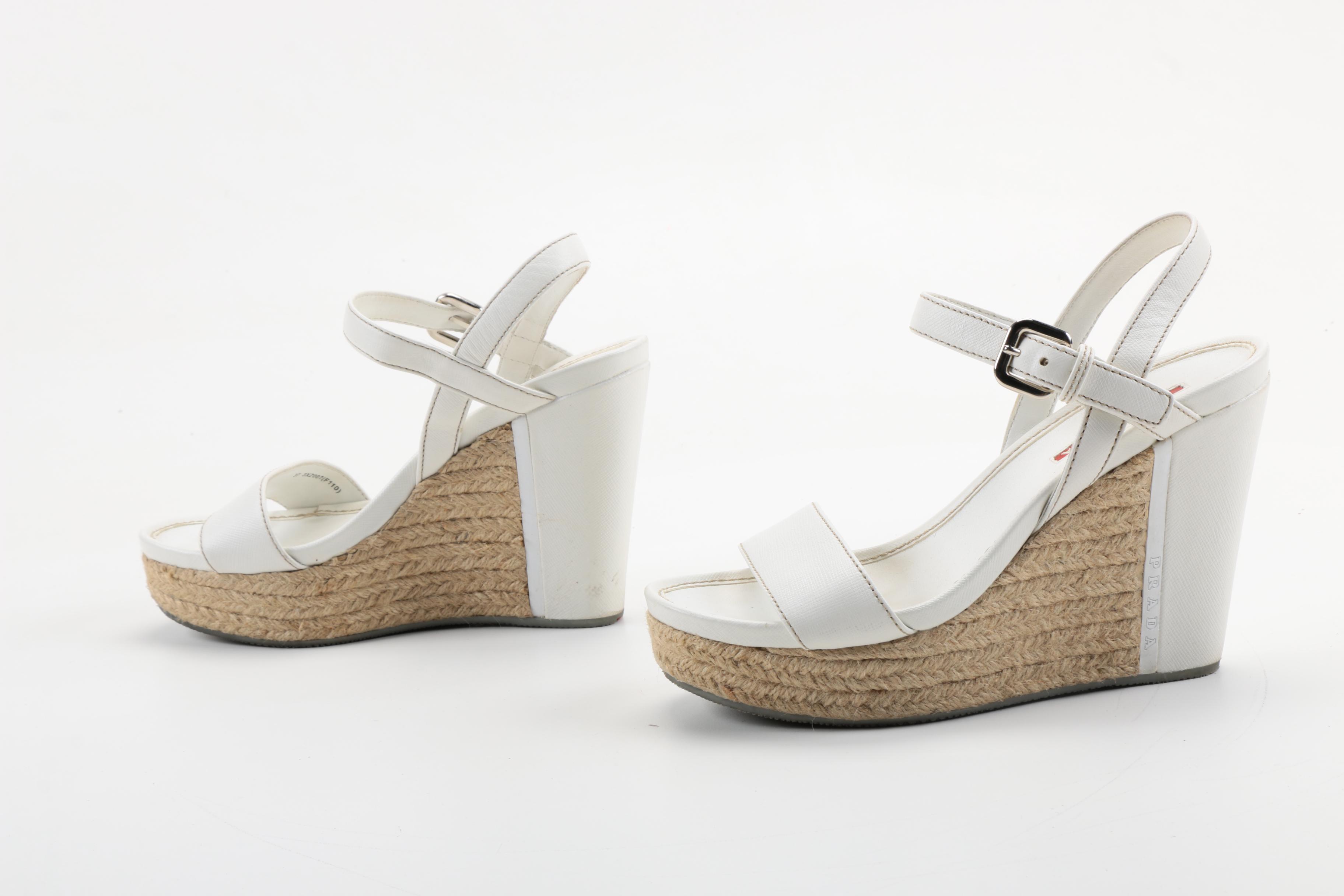 Prada White Leather and Rope Platform Wedge Sandals