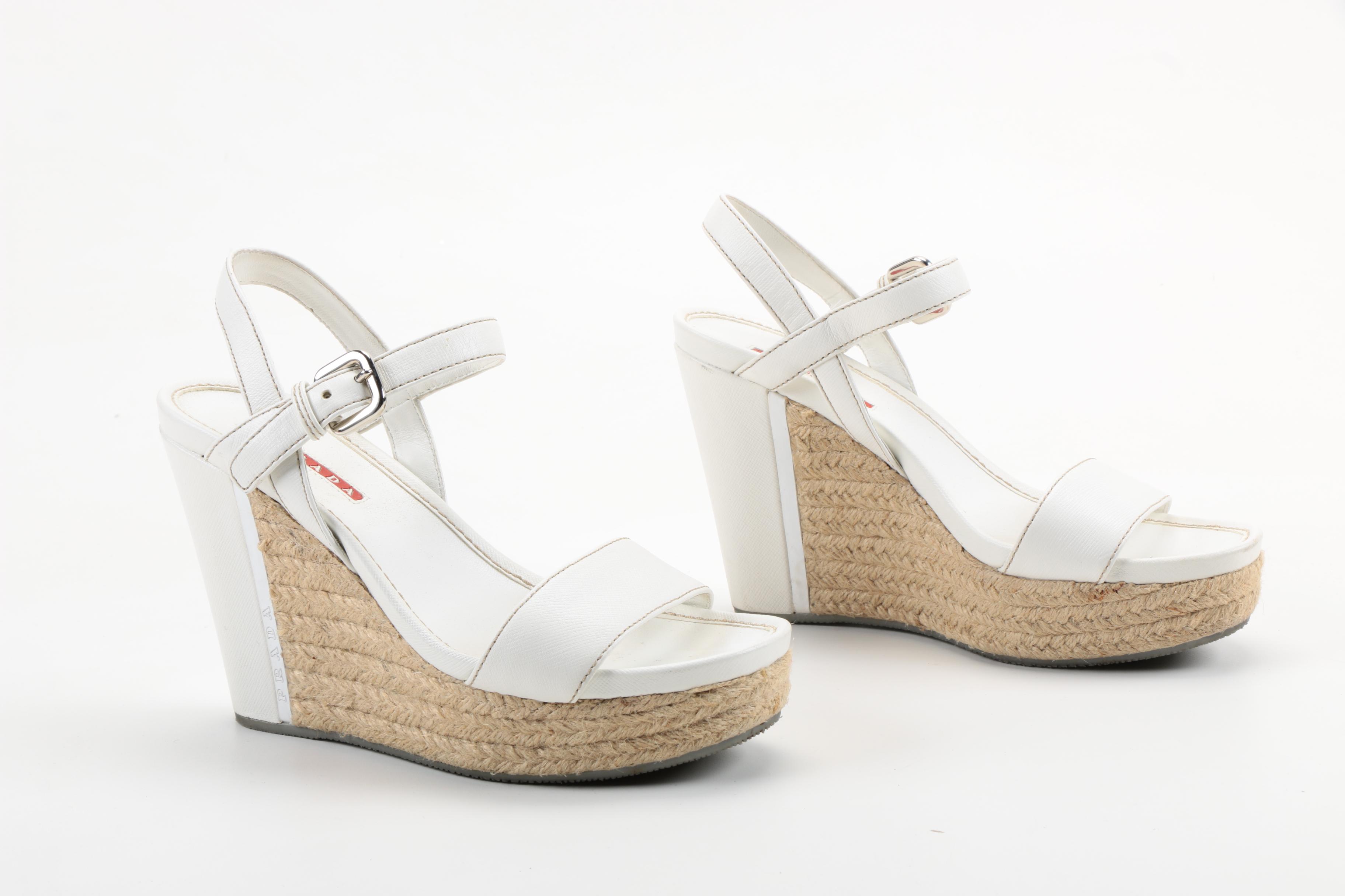 Prada White Leather and Rope Platform Wedge Sandals