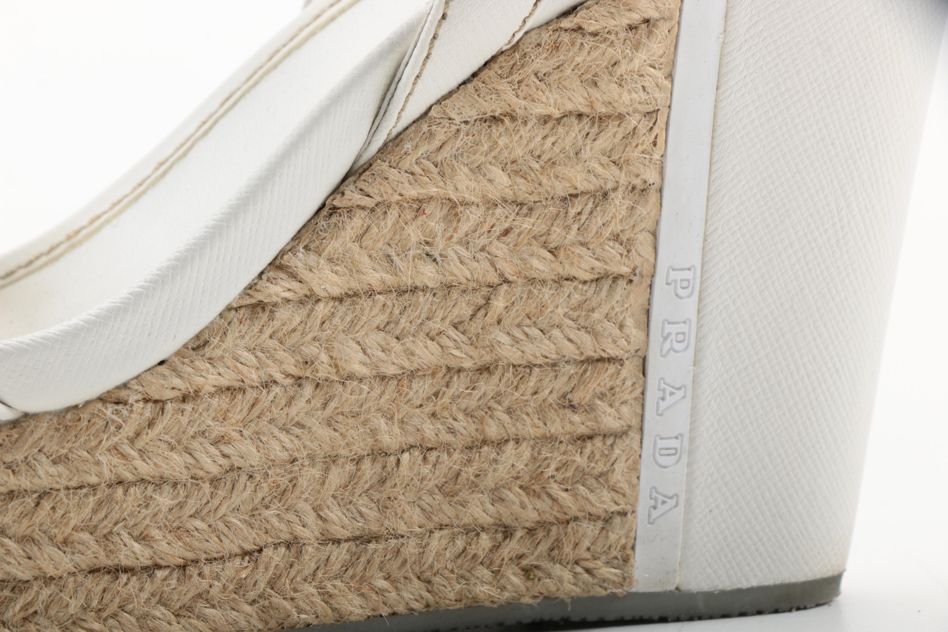 Prada White Leather and Rope Platform Wedge Sandals