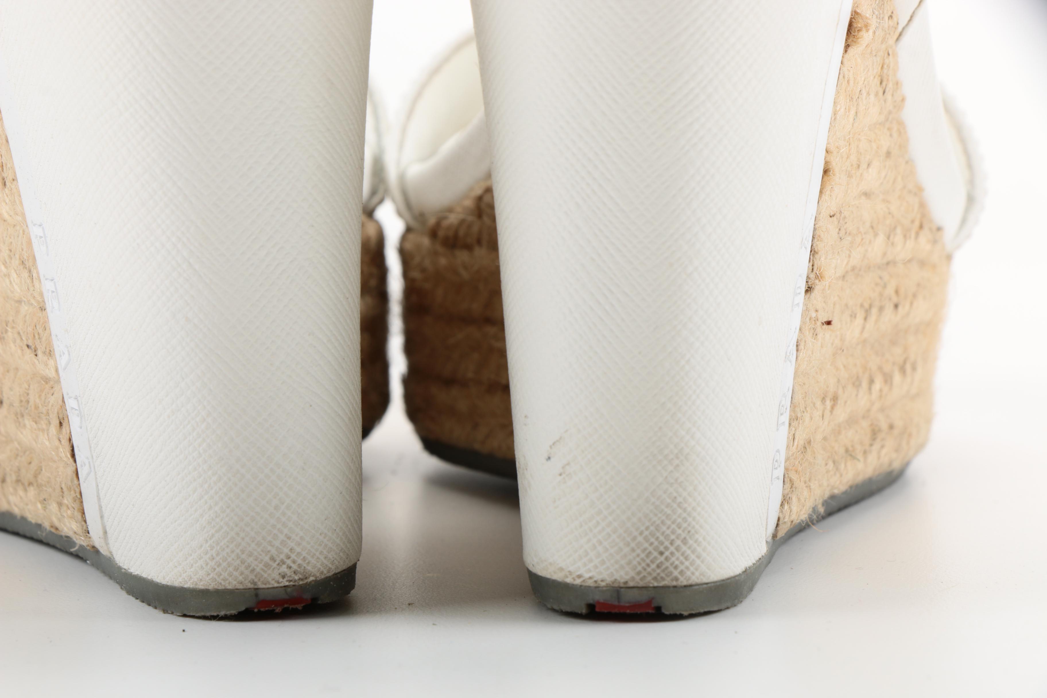 Prada White Leather and Rope Platform Wedge Sandals