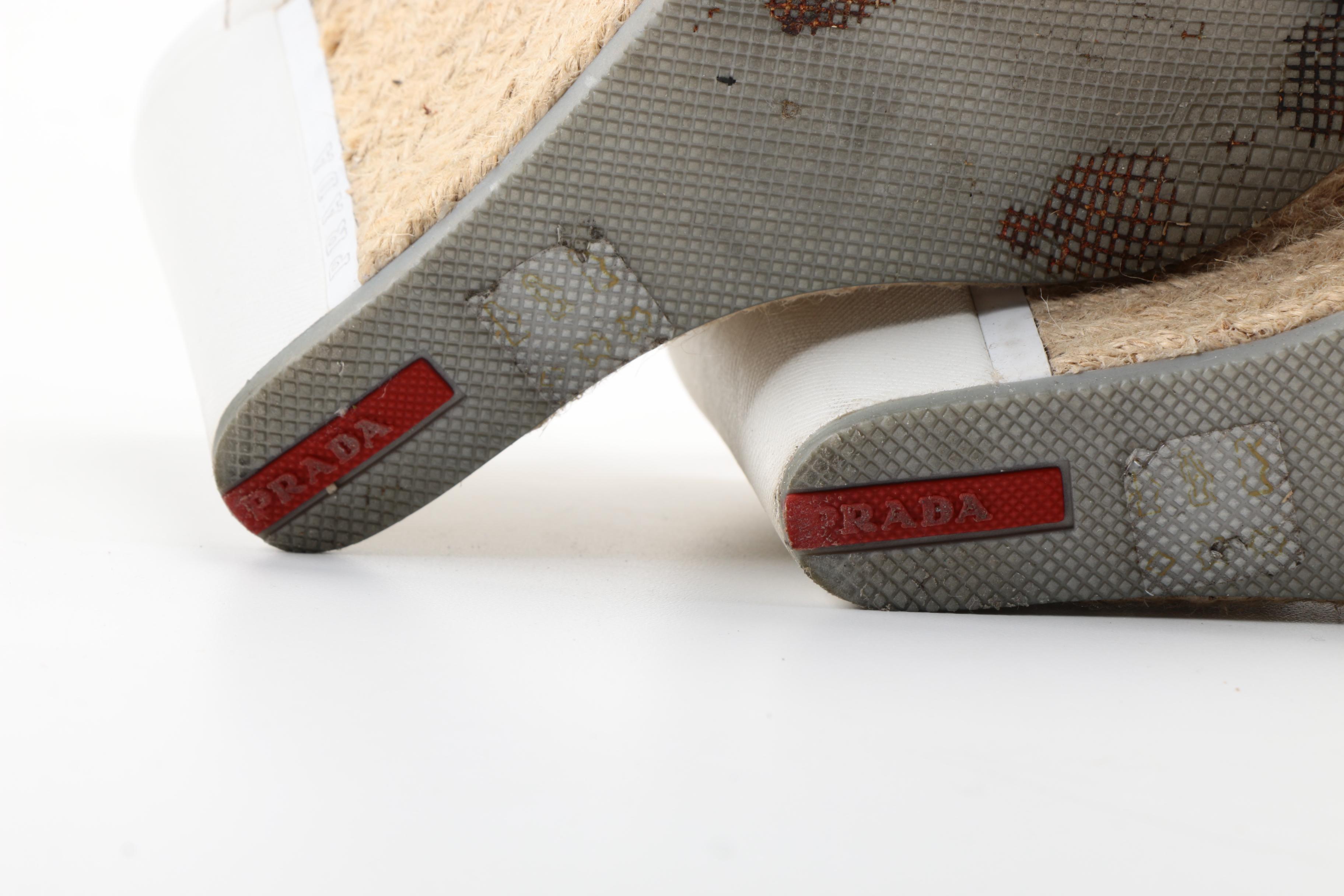Prada White Leather and Rope Platform Wedge Sandals
