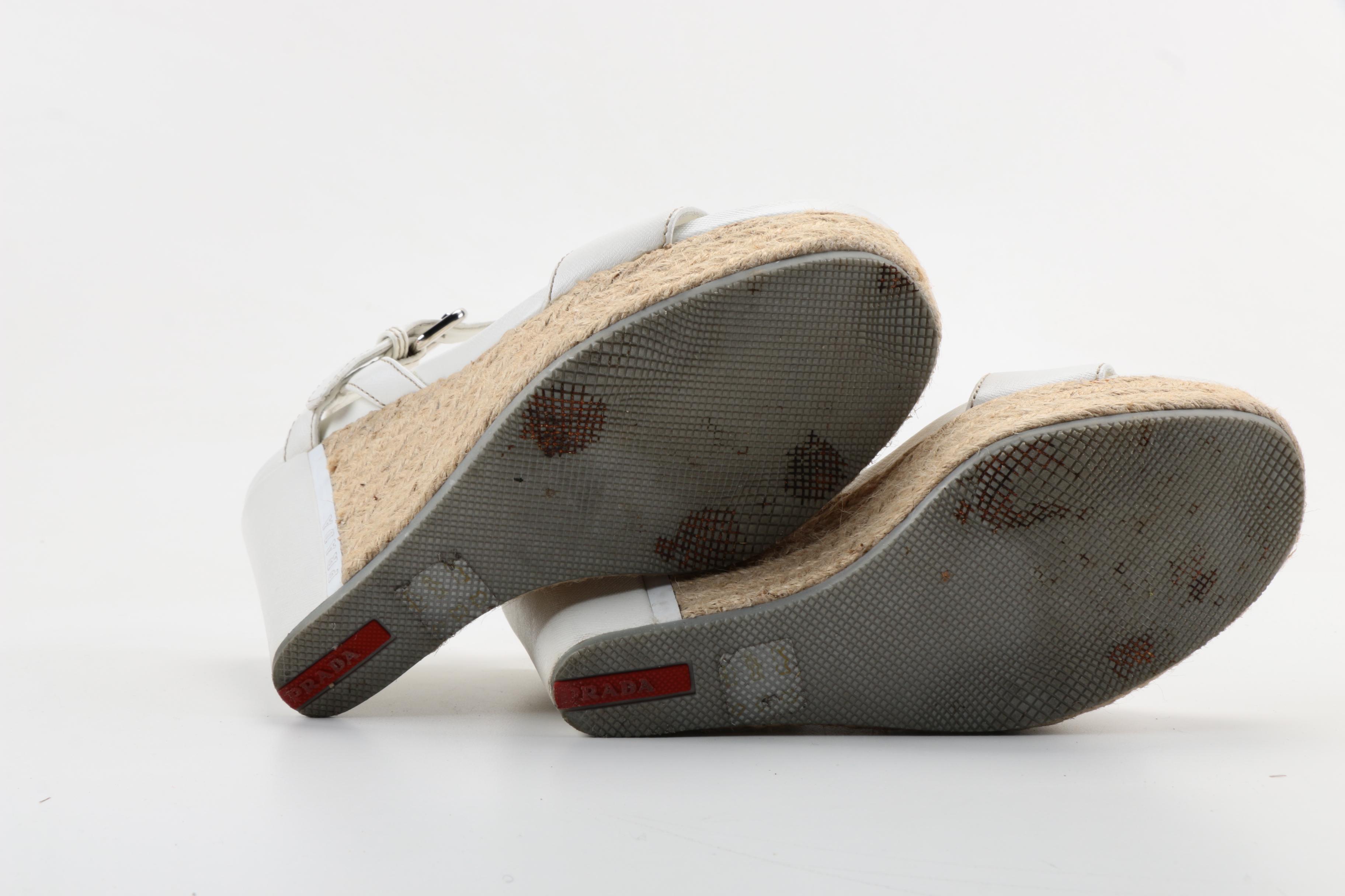 Prada White Leather and Rope Platform Wedge Sandals