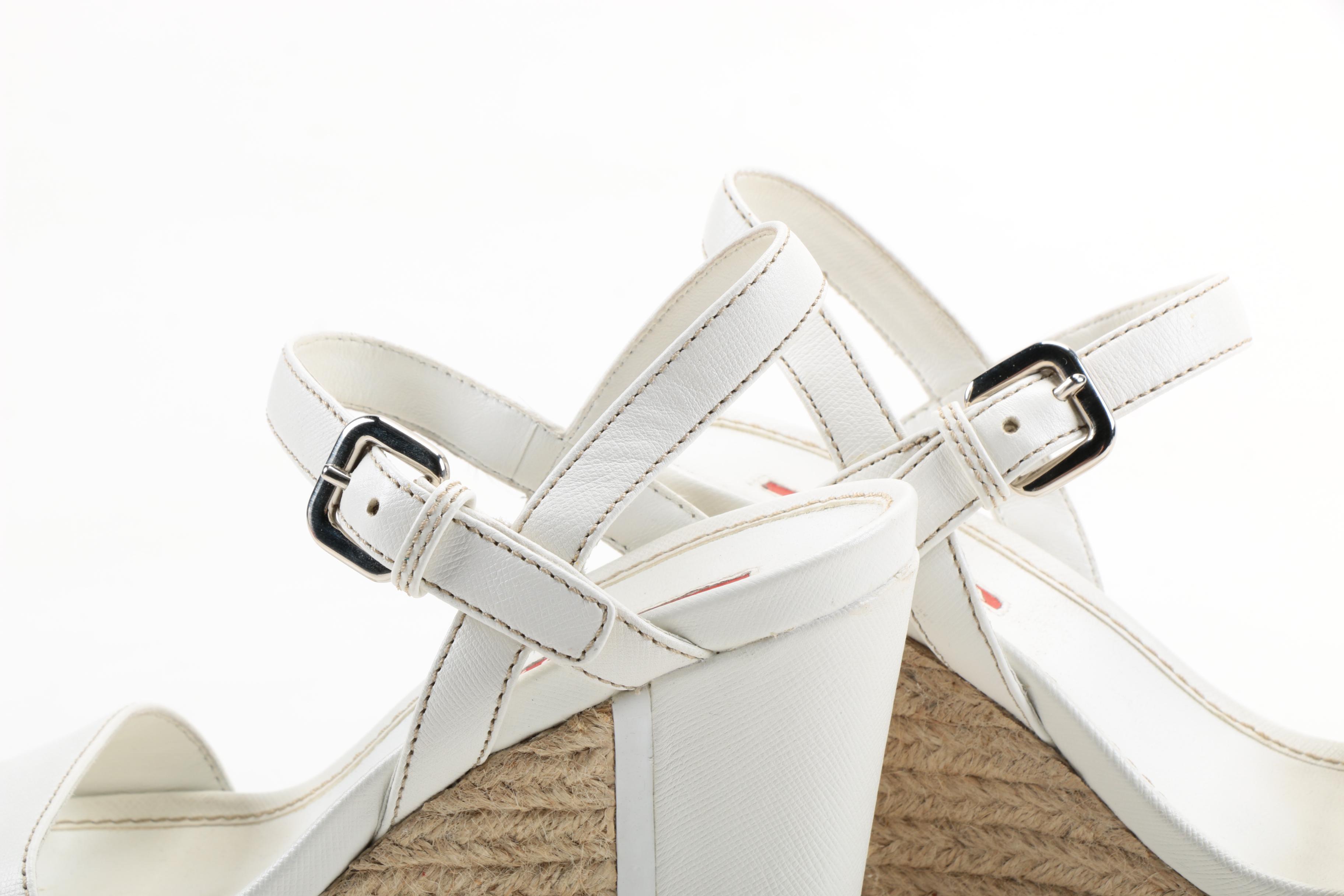 Prada White Leather and Rope Platform Wedge Sandals