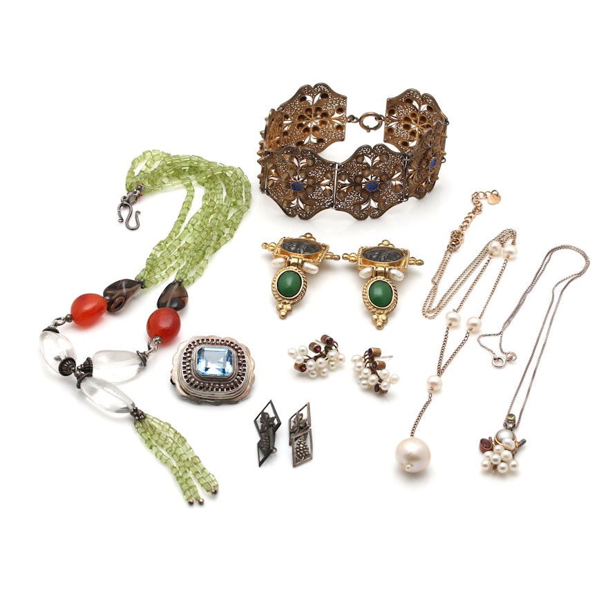 Assortment of Sterling Silver Jewelry including an 800 Silver Converter Brooch