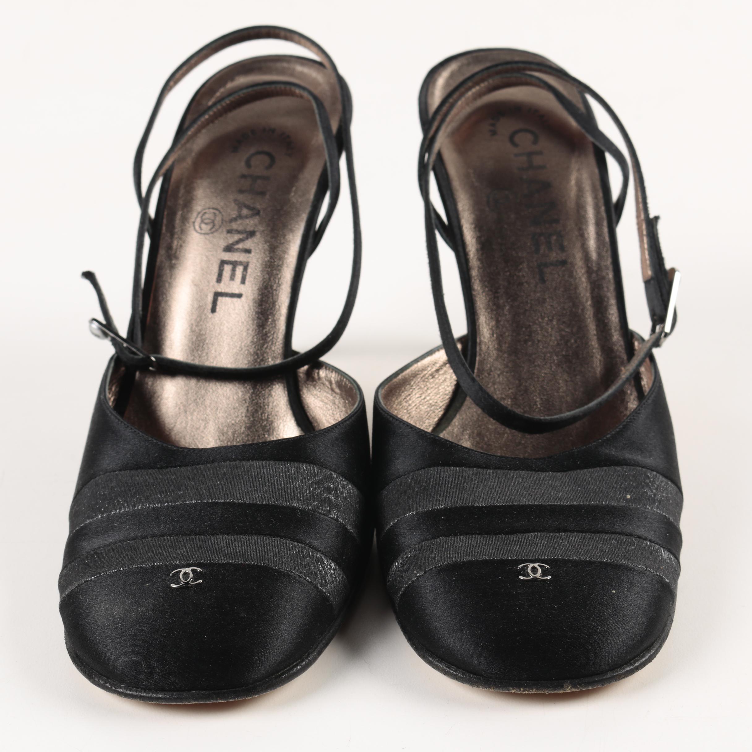 Chanel Black Satin Slingback Heels