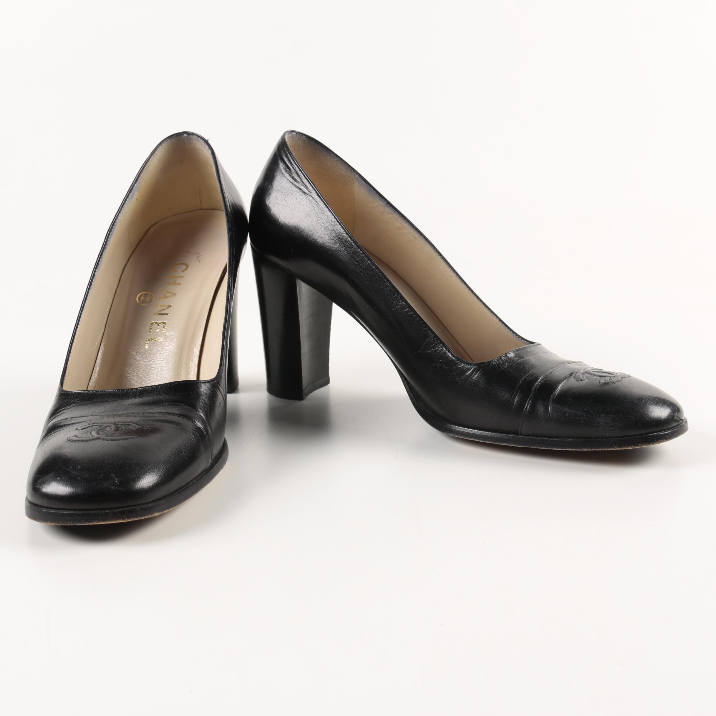 Chanel Black Leather Block Heels