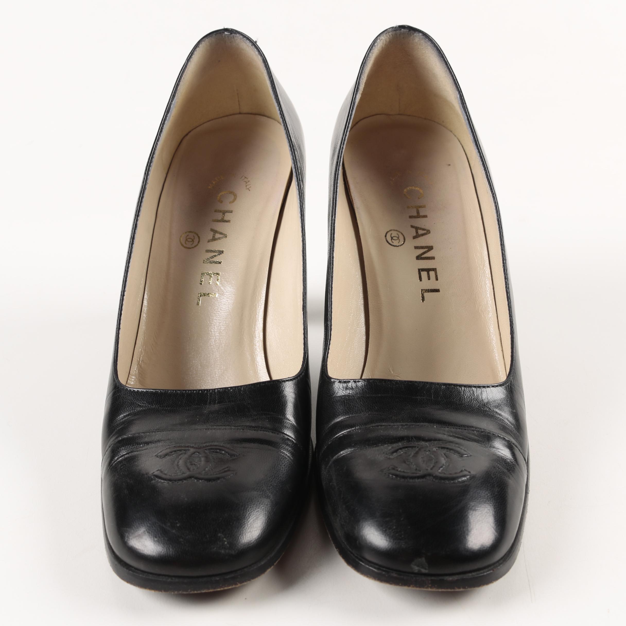 Chanel Black Leather Block Heels