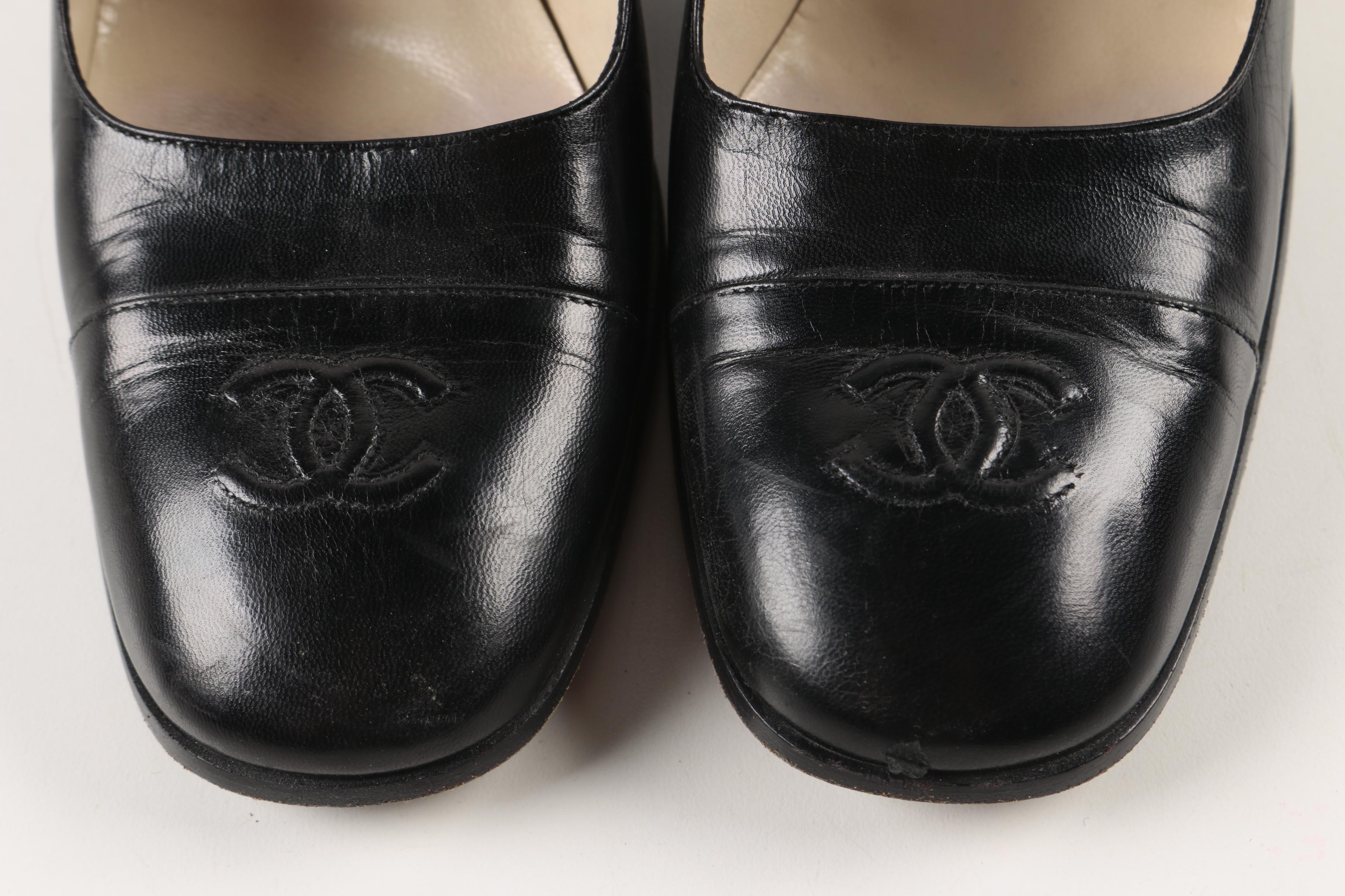 Chanel Black Leather Block Heels