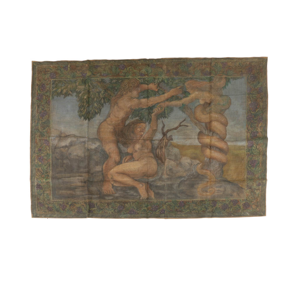 Jacques Lamy Oil Paining on Burlap Tapestry of Adam and Eve