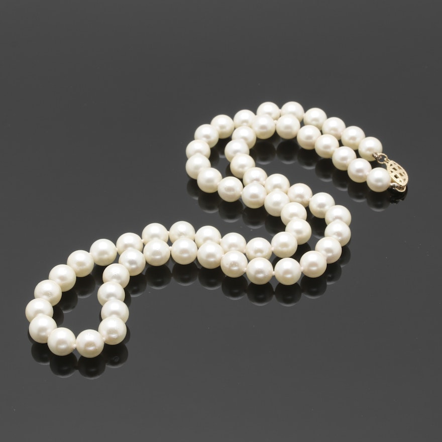 Cultured Pearl Knotted Necklace with 14K Yellow Gold Closure