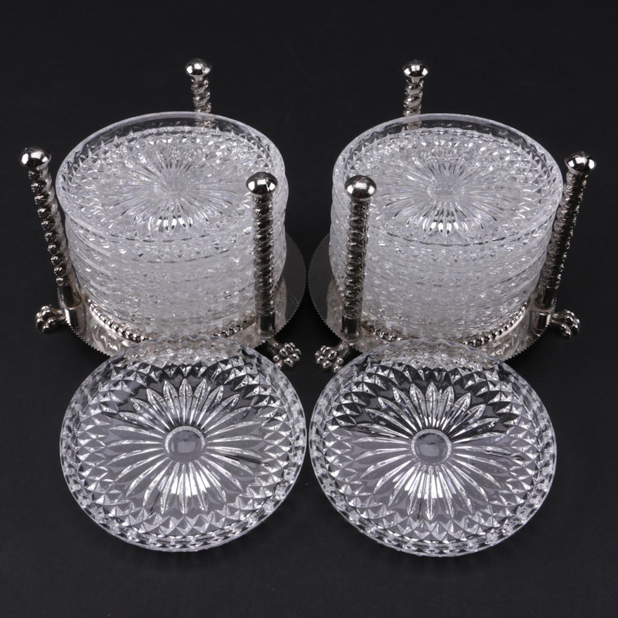 Vintage F.B. Rogers Crystal Coaster Sets with Silver Plate Holders