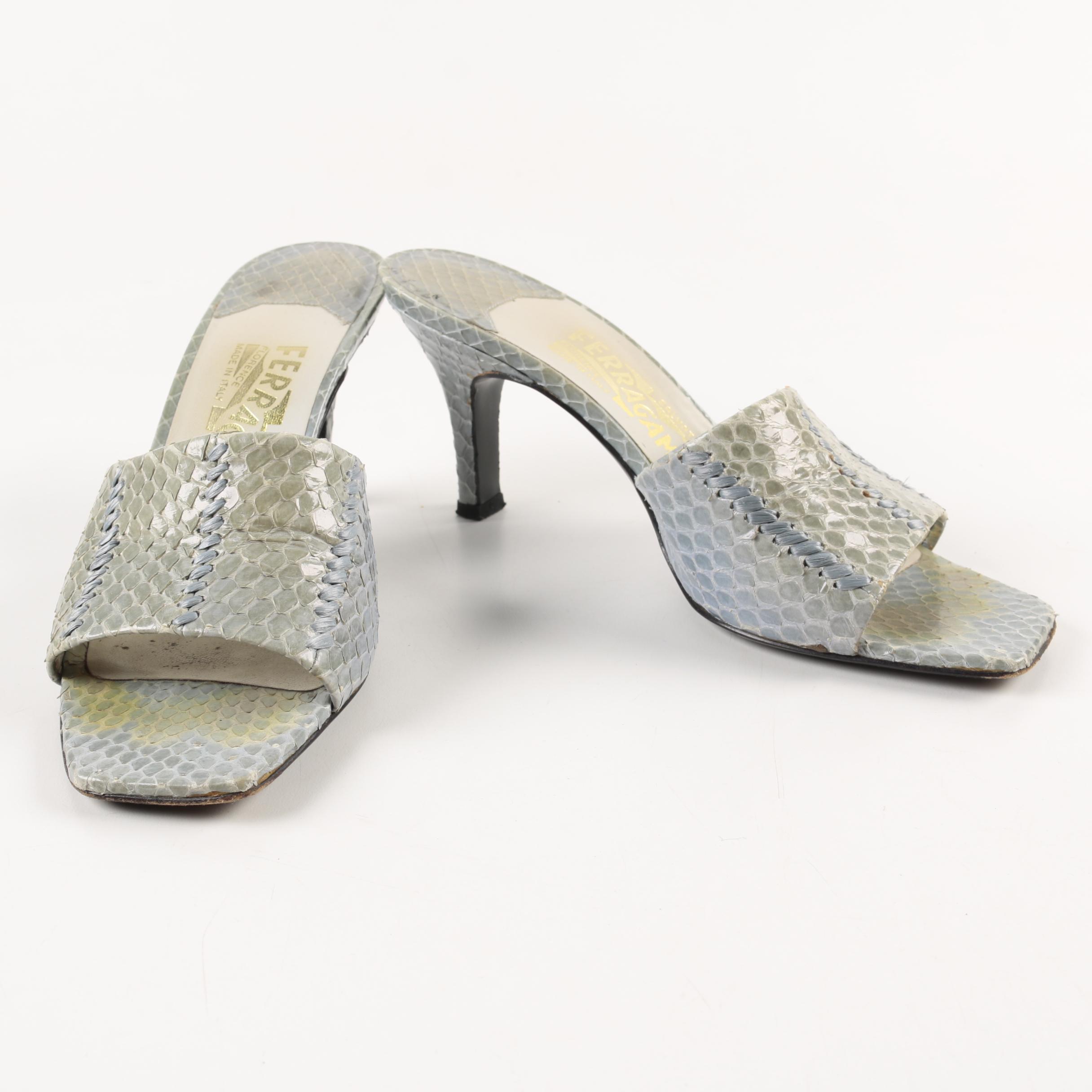 Women's Salvatore Ferragamo Embossed Grey Leather Slide Sandals