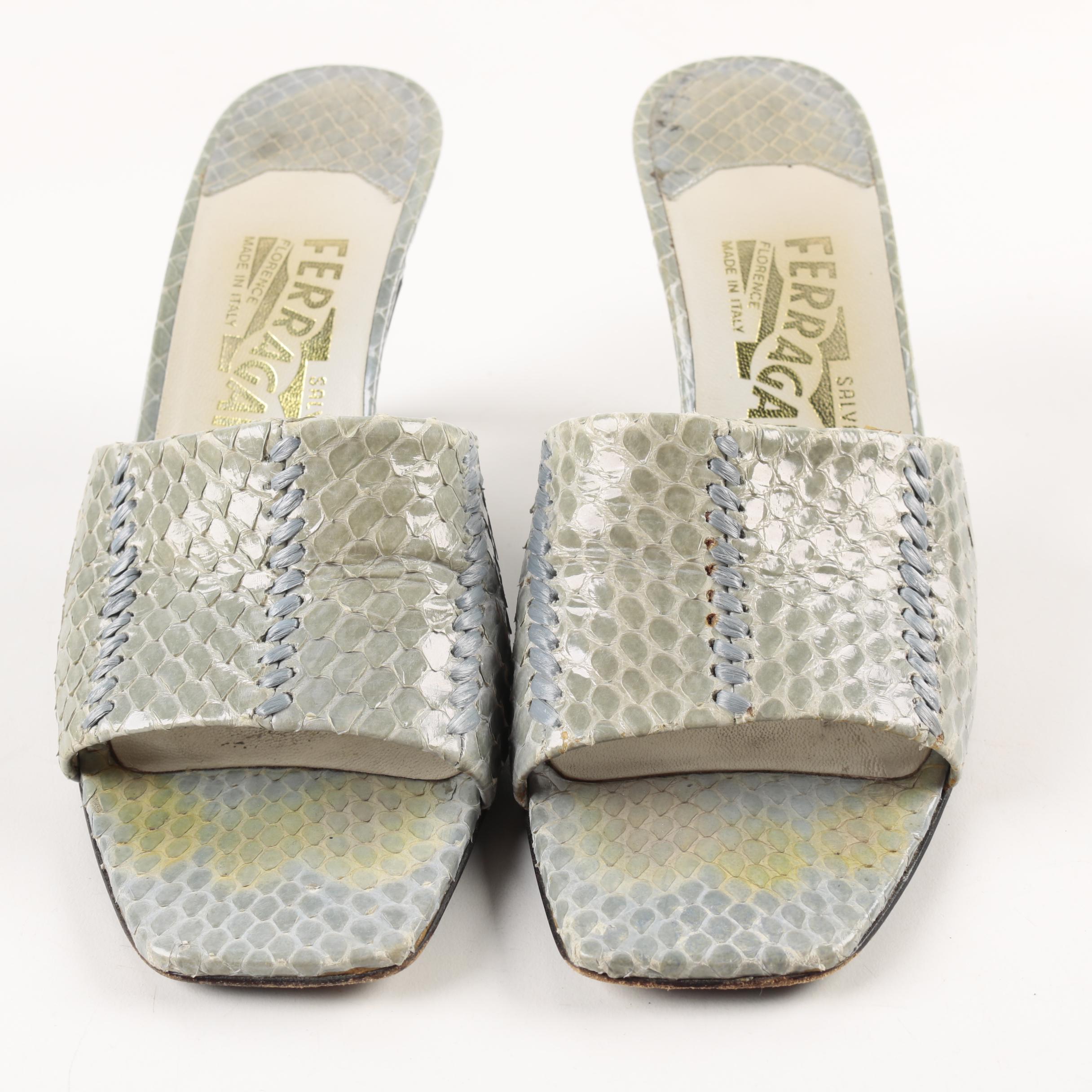 Women's Salvatore Ferragamo Embossed Grey Leather Slide Sandals