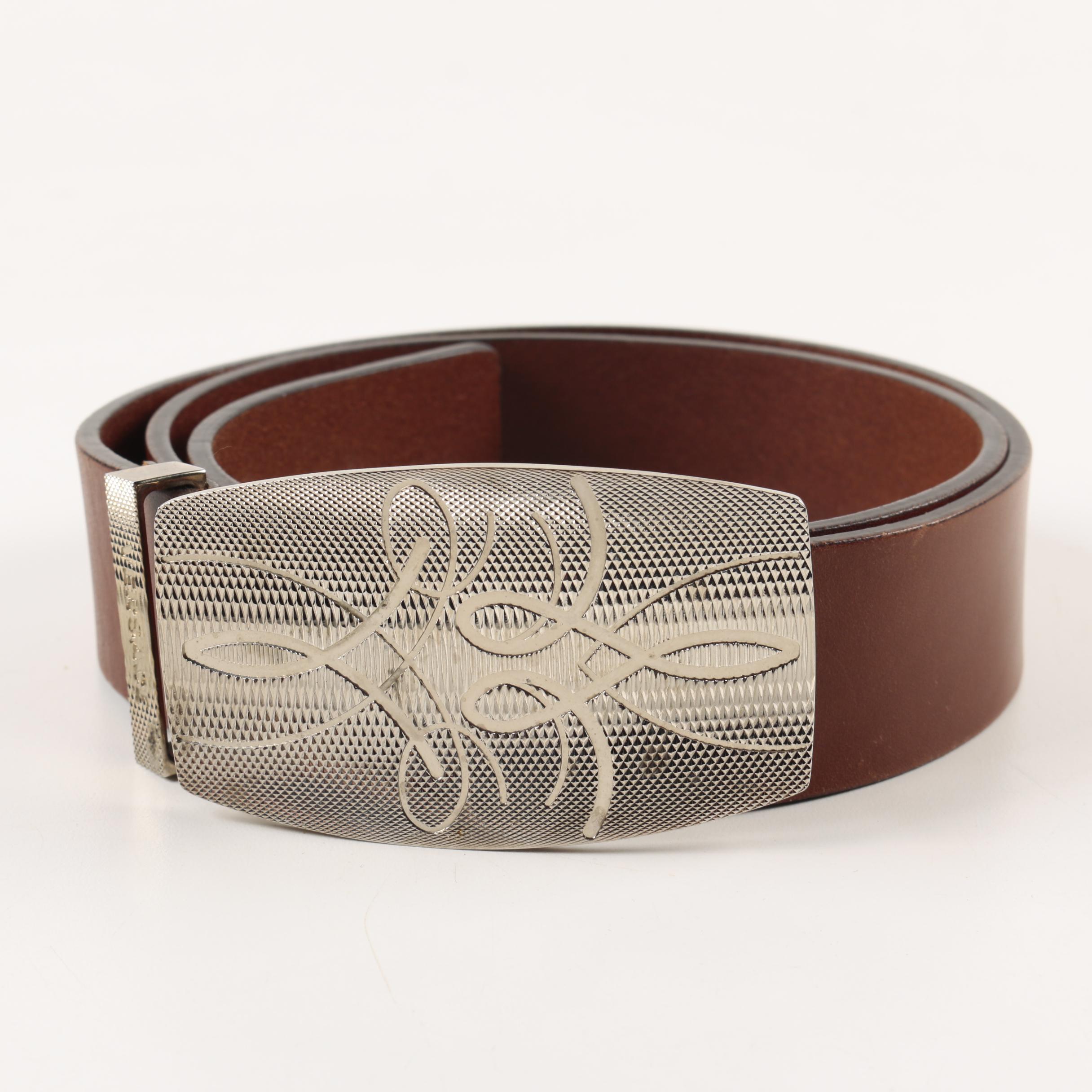 Brown Leather Versace Belt with Silver Tone Belt Buckle