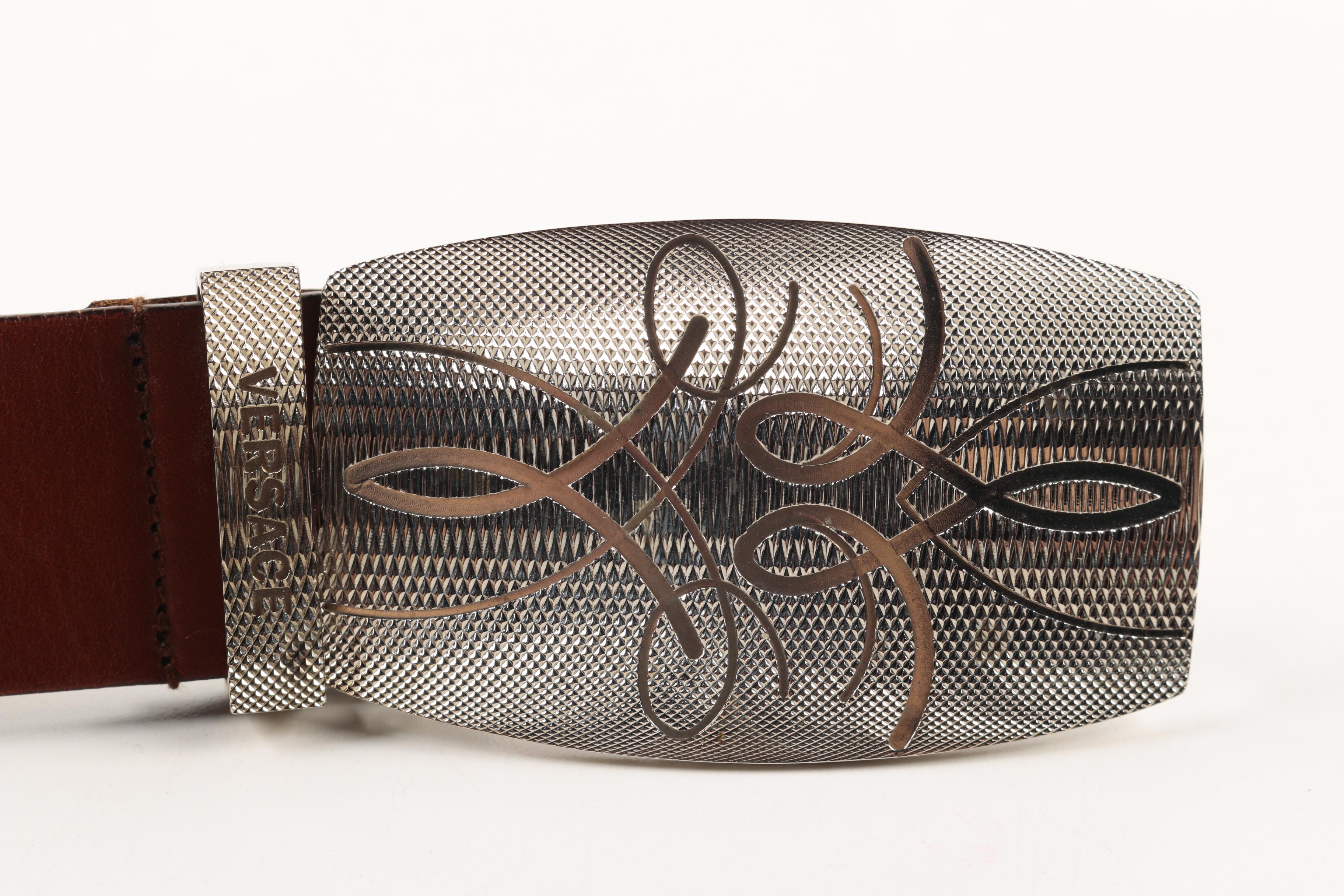 Brown Leather Versace Belt with Silver Tone Belt Buckle