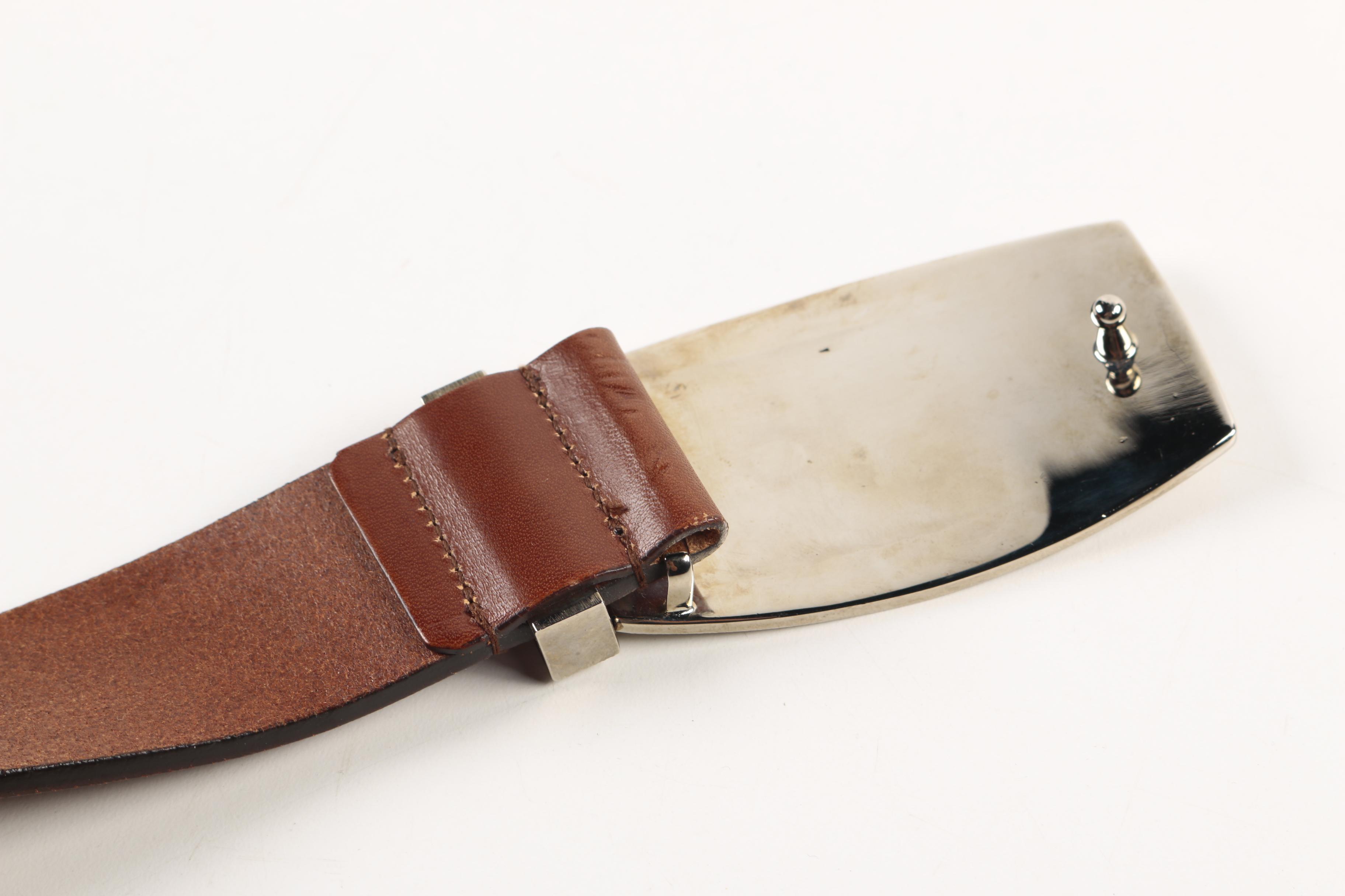 Brown Leather Versace Belt with Silver Tone Belt Buckle