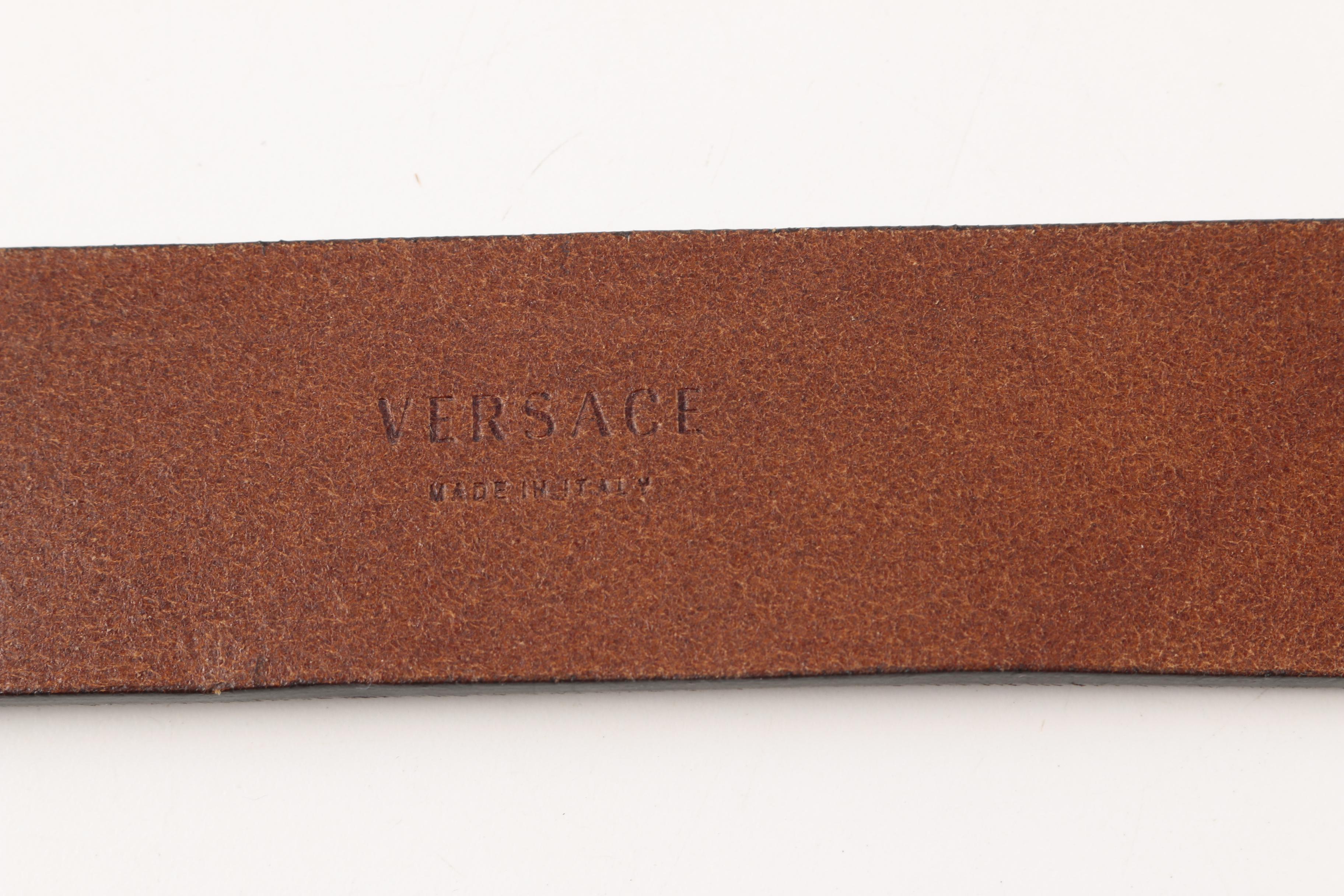 Brown Leather Versace Belt with Silver Tone Belt Buckle