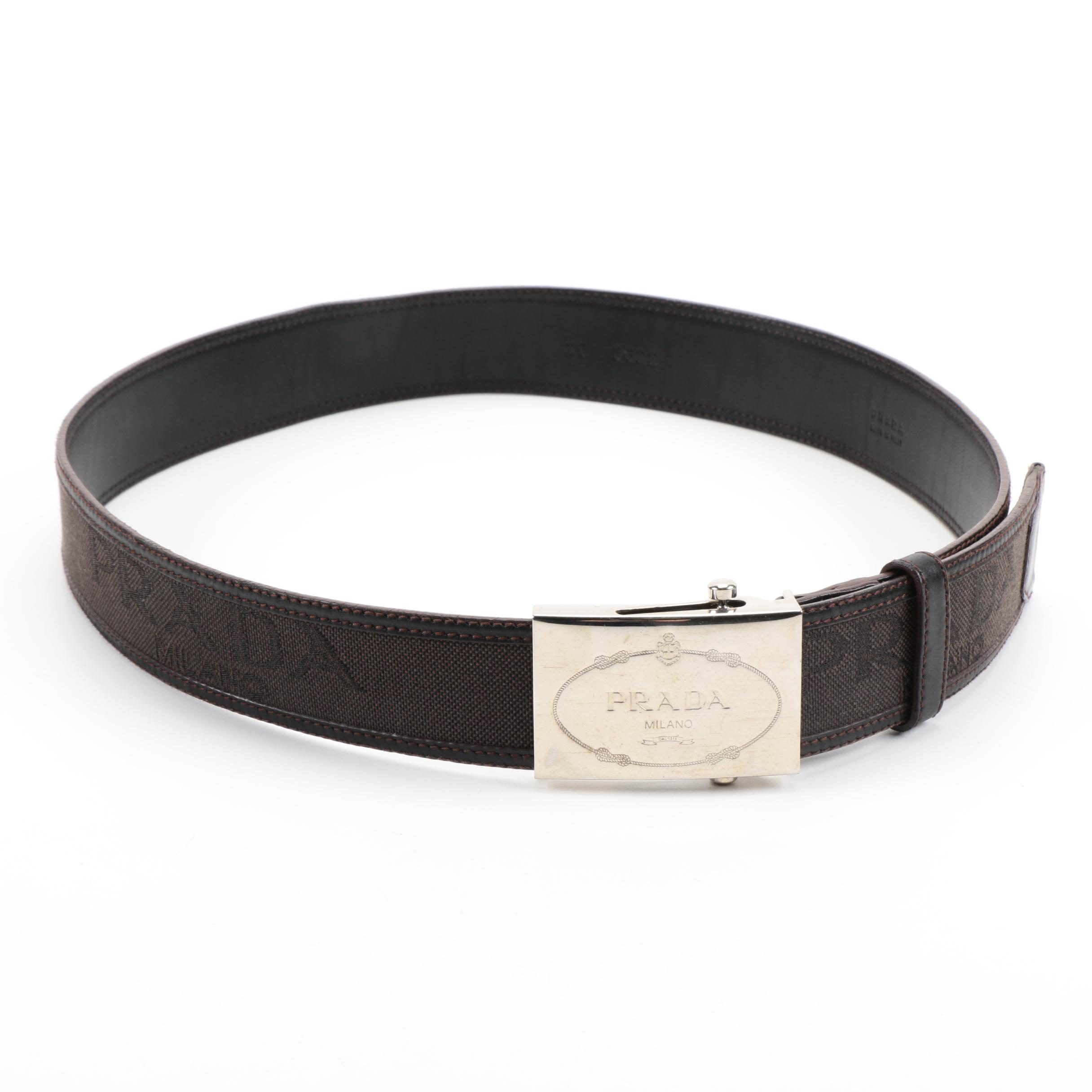 Dark Brown Leather and Canvas Prada Logo Belt