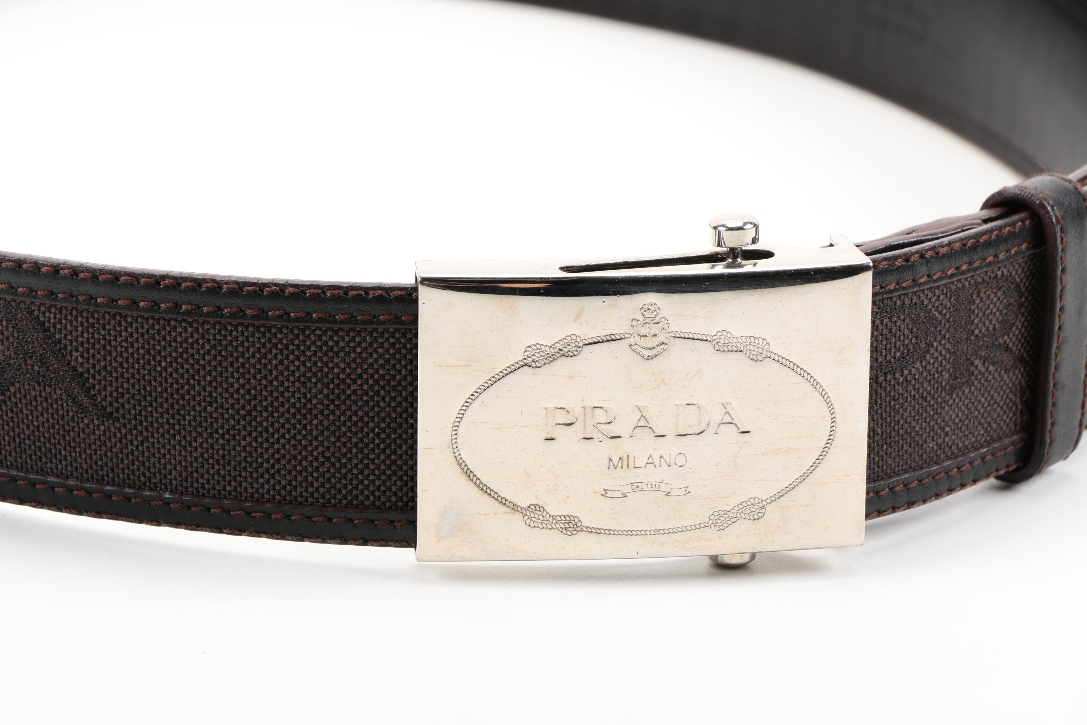 Dark Brown Leather and Canvas Prada Logo Belt
