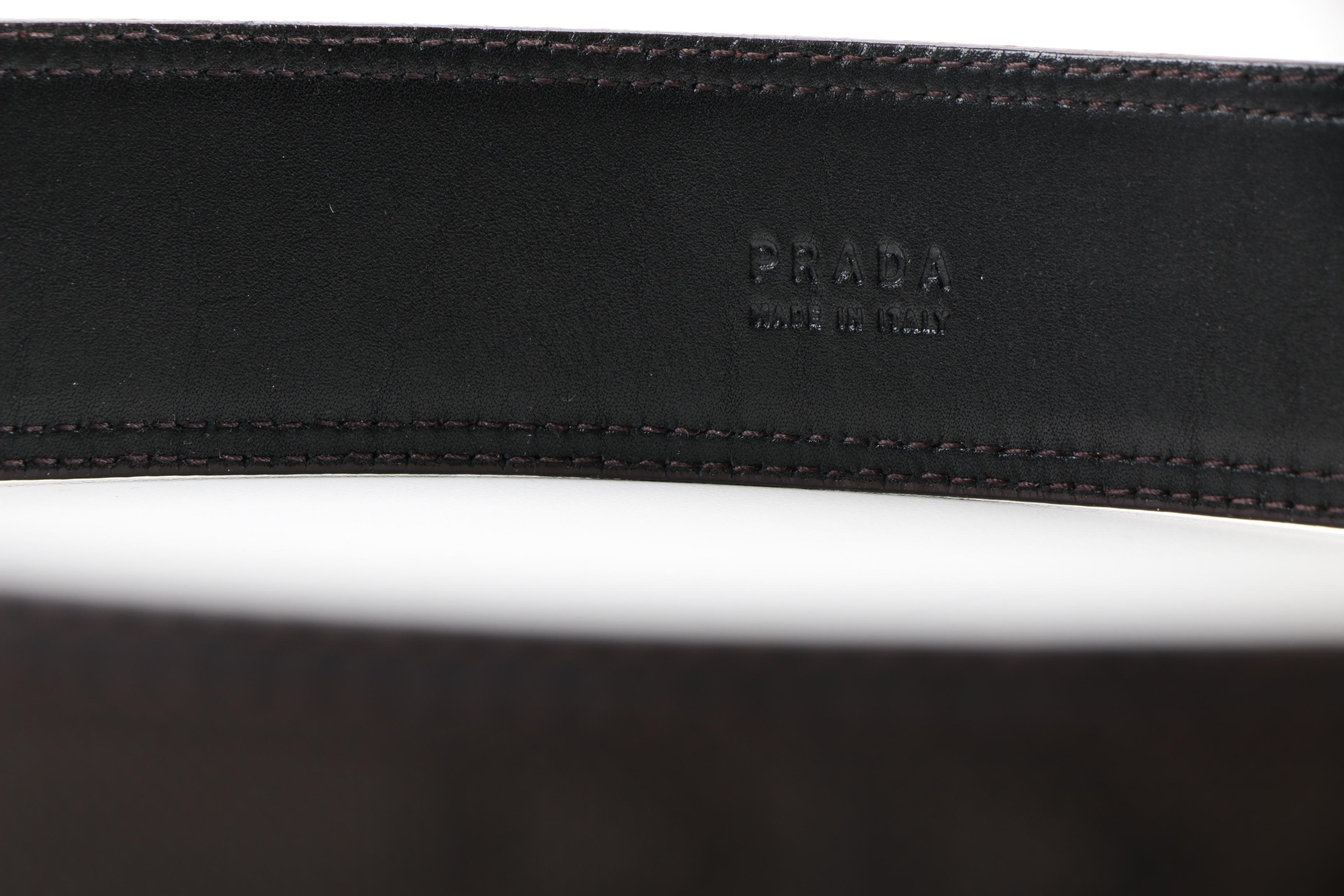 Dark Brown Leather and Canvas Prada Logo Belt