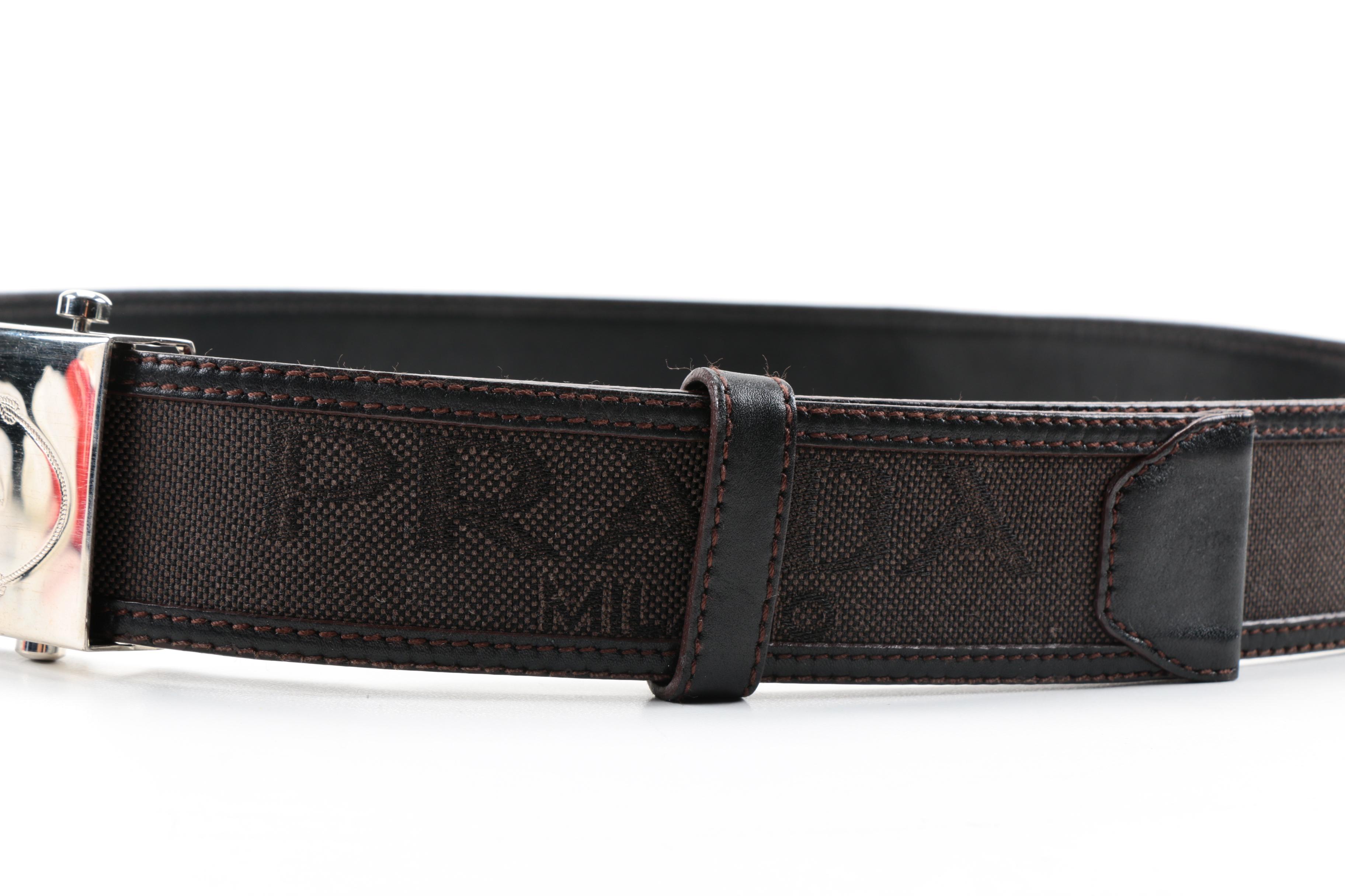 Dark Brown Leather and Canvas Prada Logo Belt