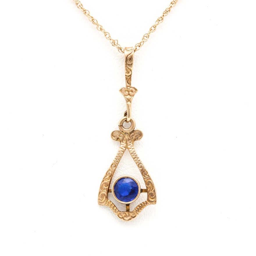 10K Yellow Gold Victorian Lavalier Pendant With 14K Yellow Gold Chain Necklace