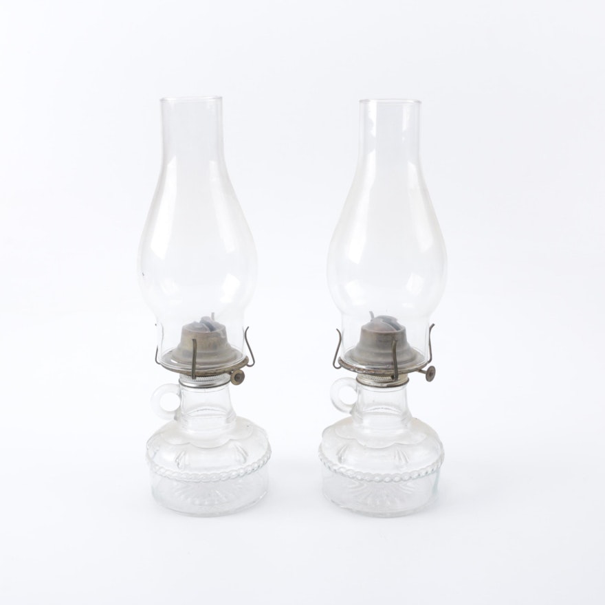 Pair of Vintage Glass Hurricane Oil Lamps