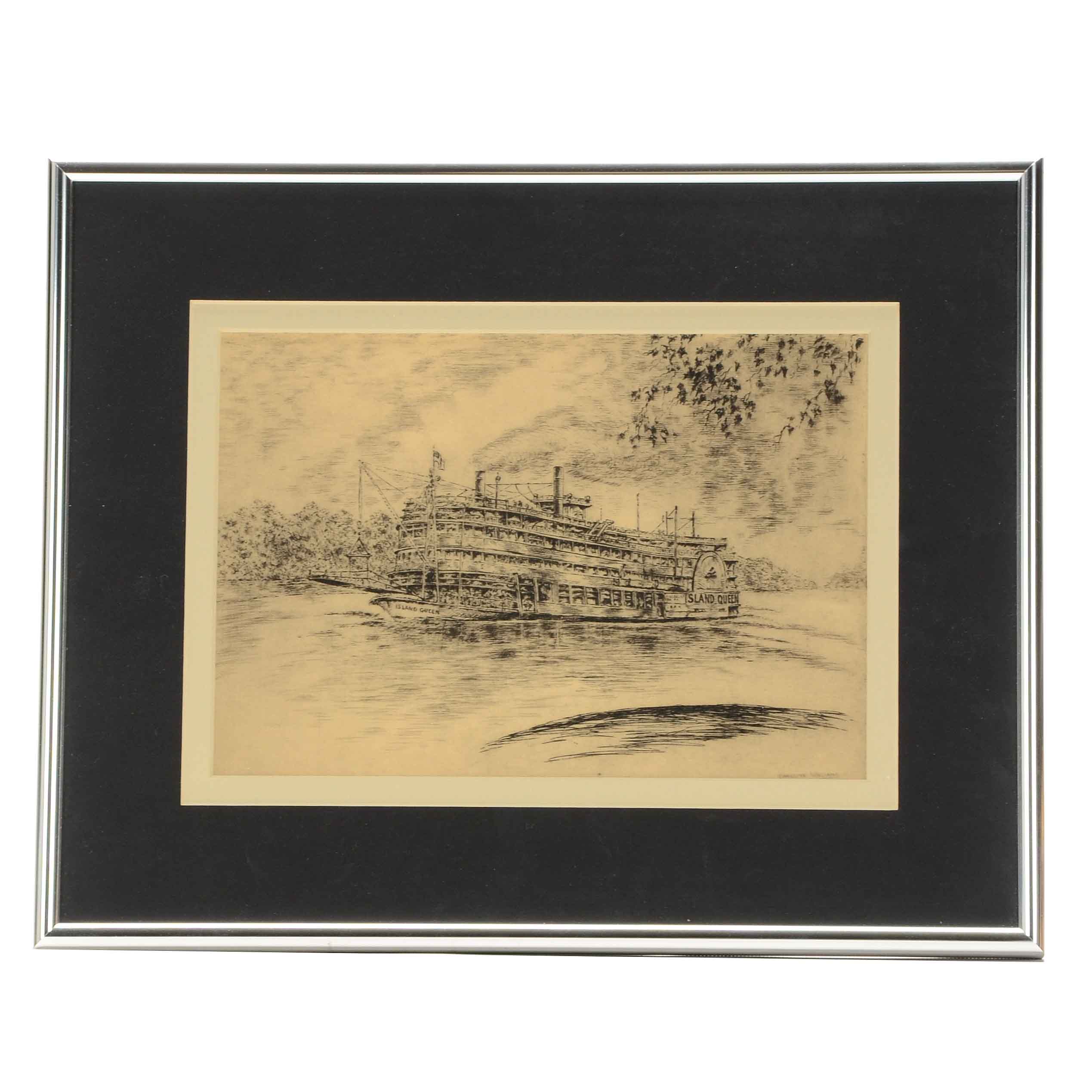 Caroline Williams Half Tone Print of the Island Queen River Boat