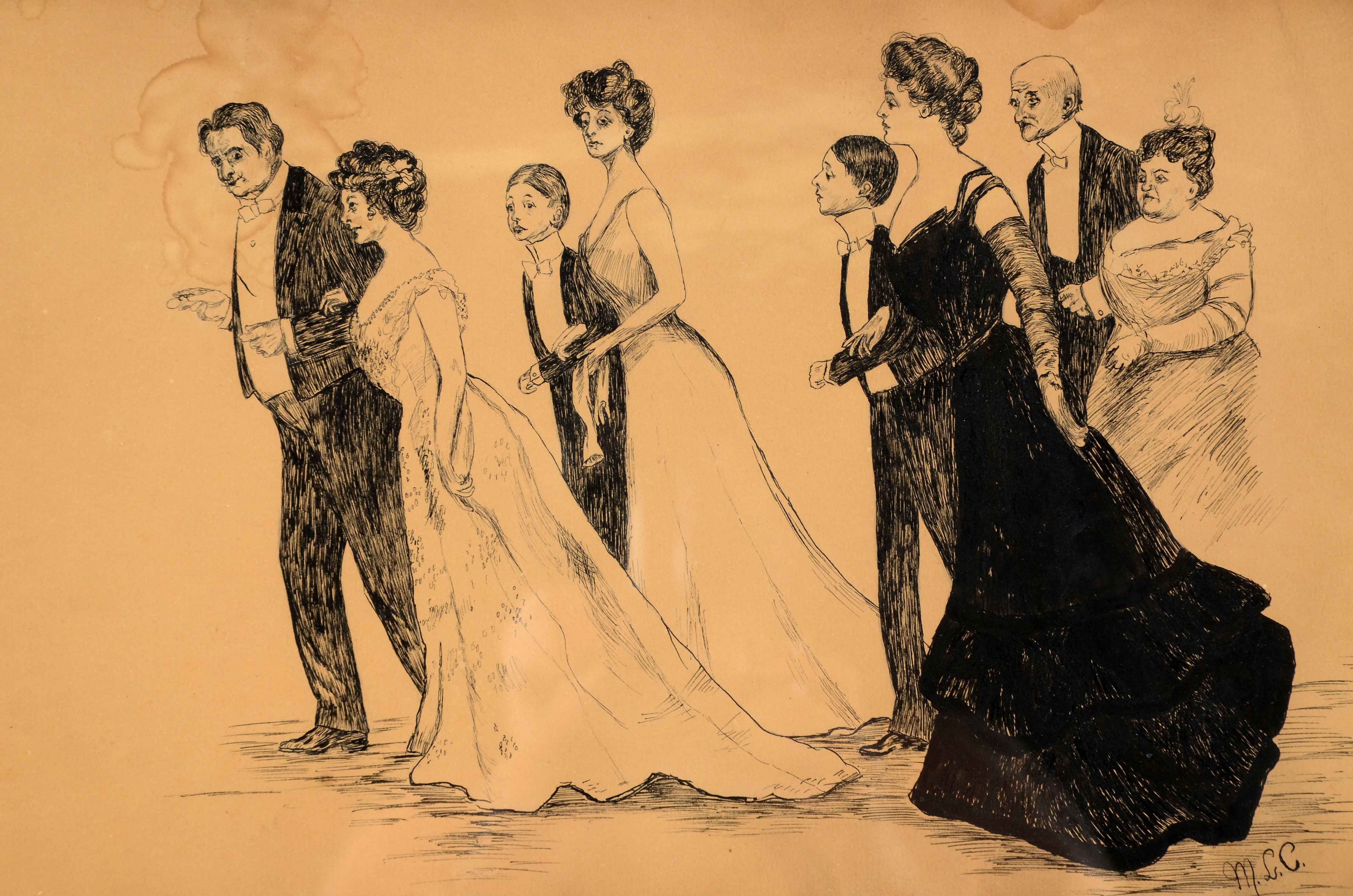 M.L.C. Original Ink Drawing of a Formal Event