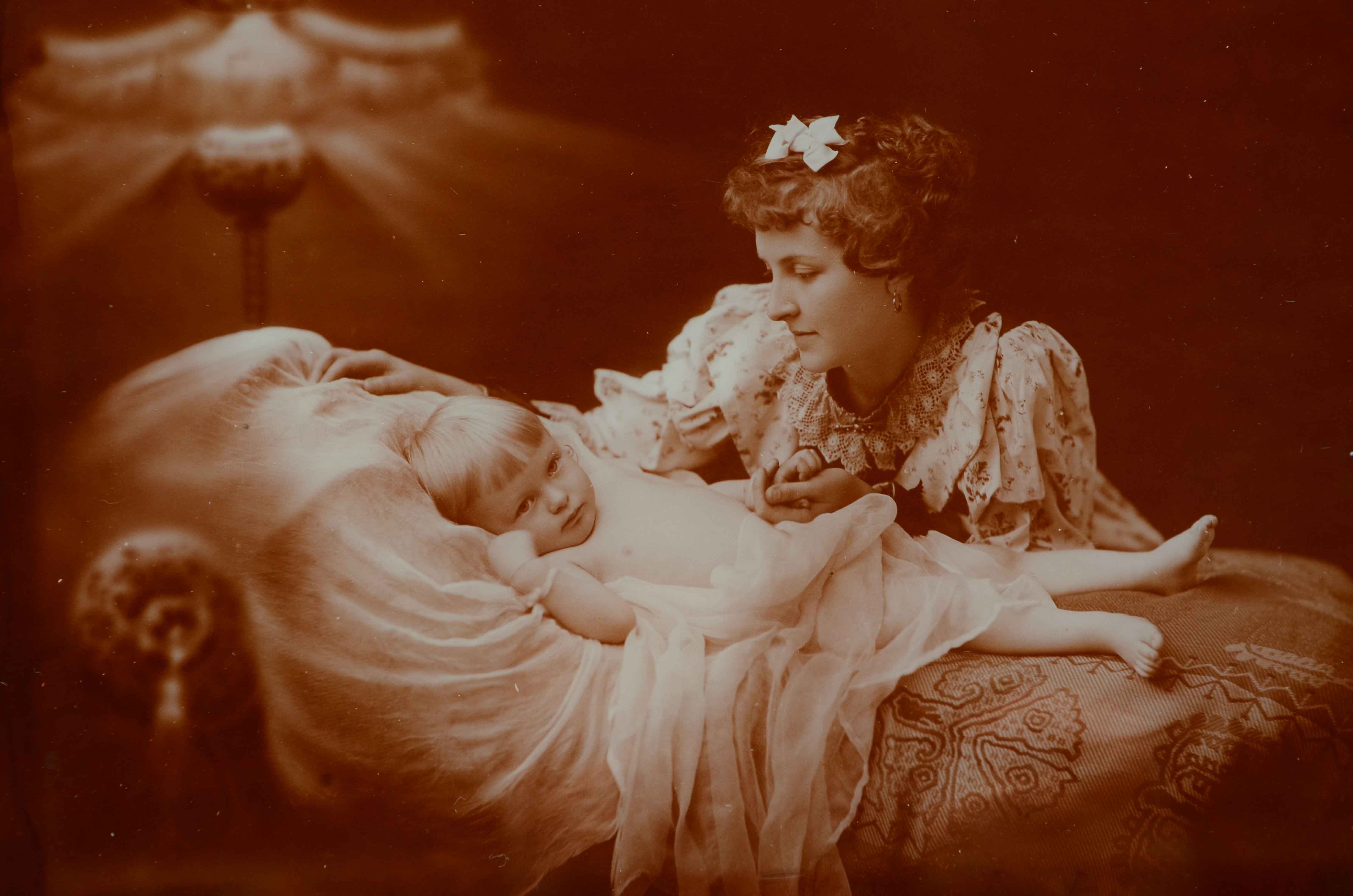 Sepia Tone Photographic Print of Victorian Era Mother and Child