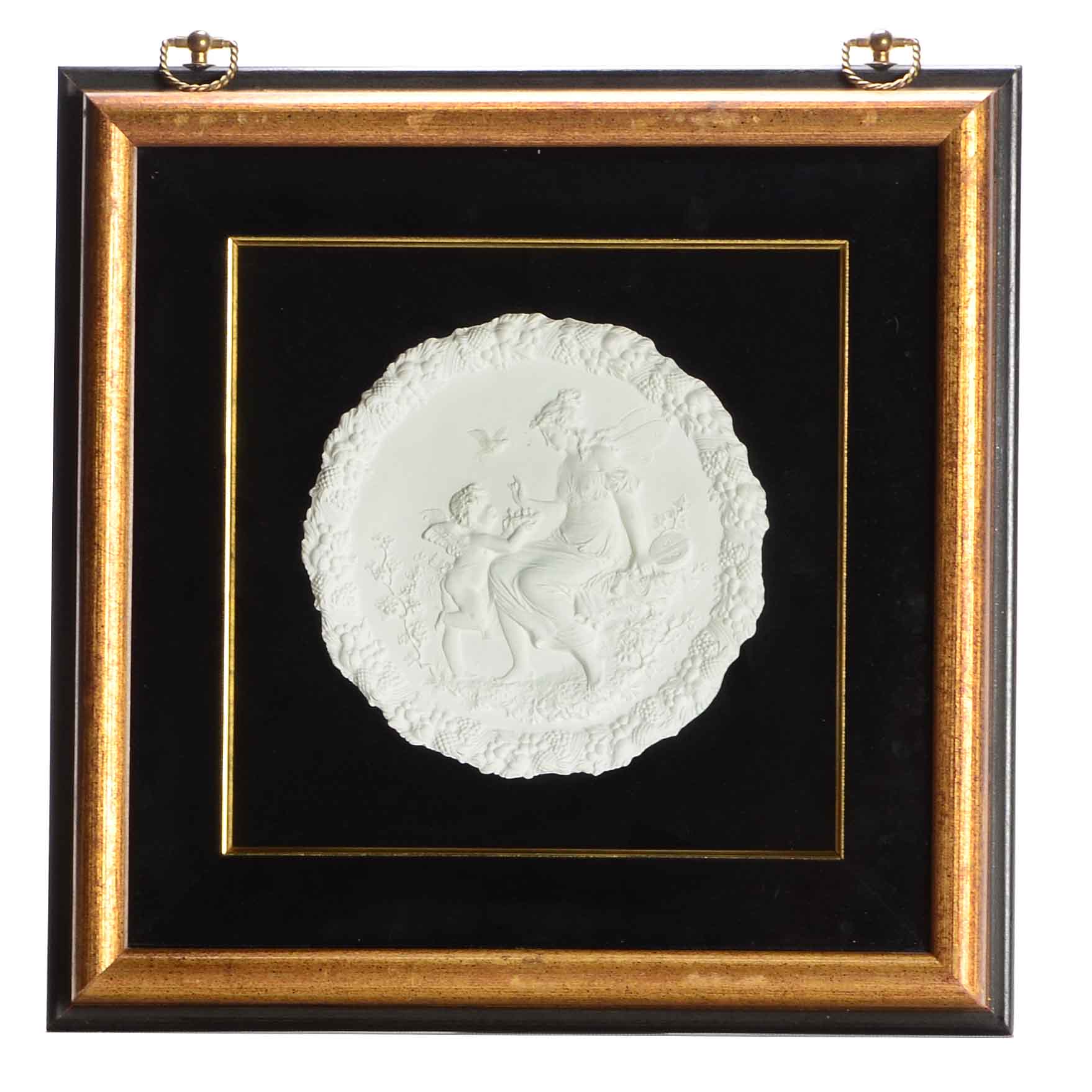 Bas Relief Cast Plaster Medalion of a Fairy and Cherub