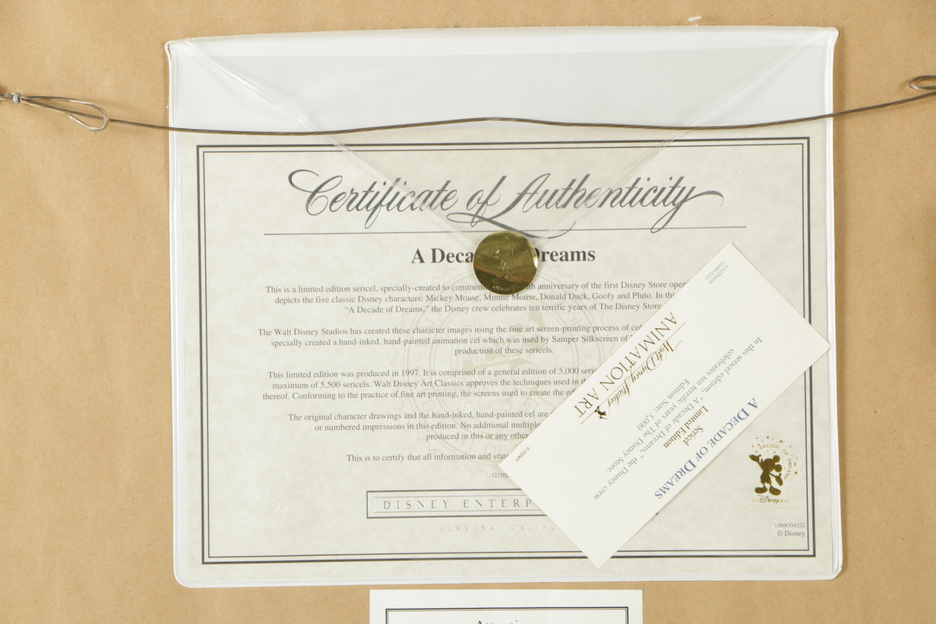 Disney Limited Edition Sericel "A Decade of Dreams"