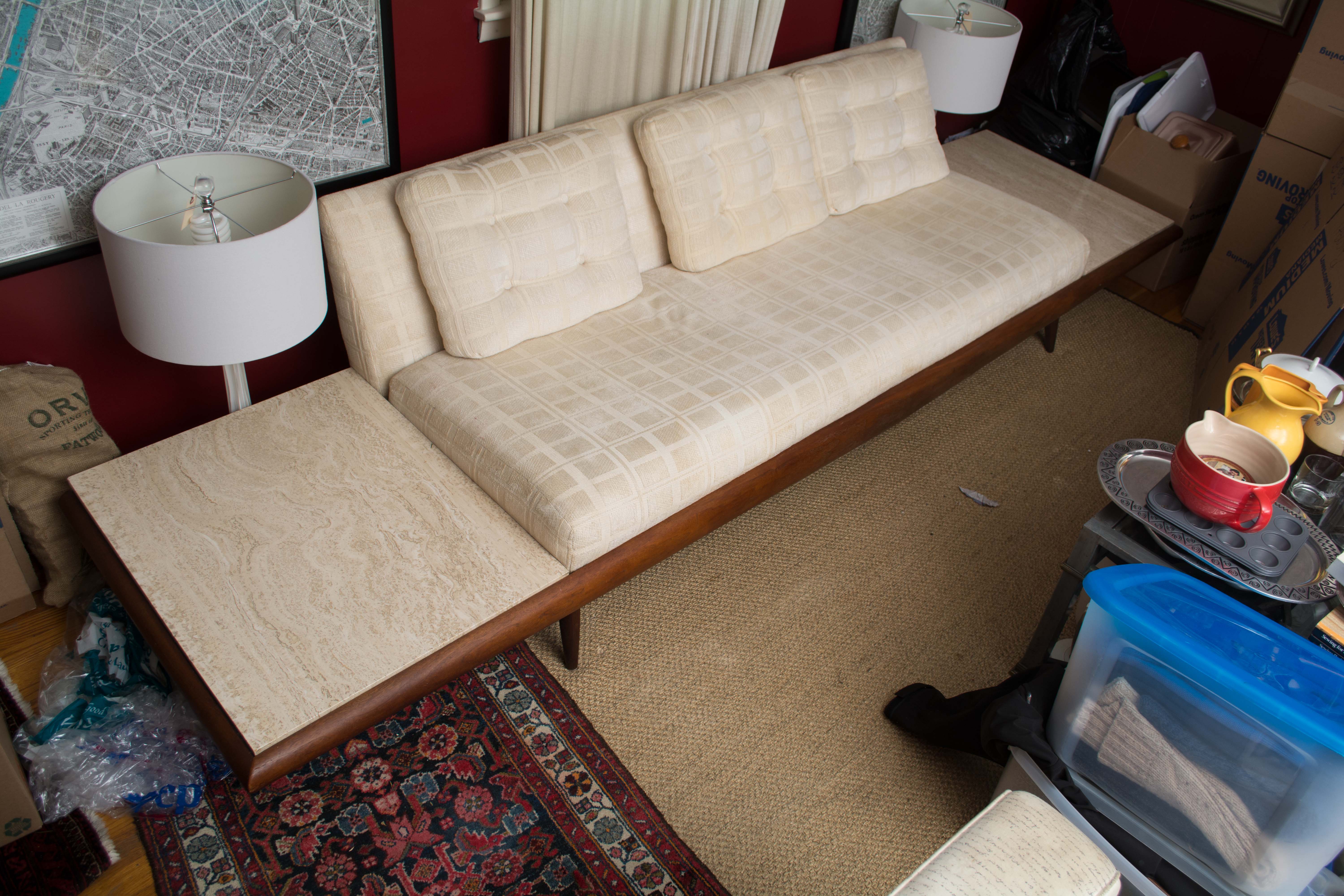 Adrian Pearsall Platform Sofa with Travertine End Tables