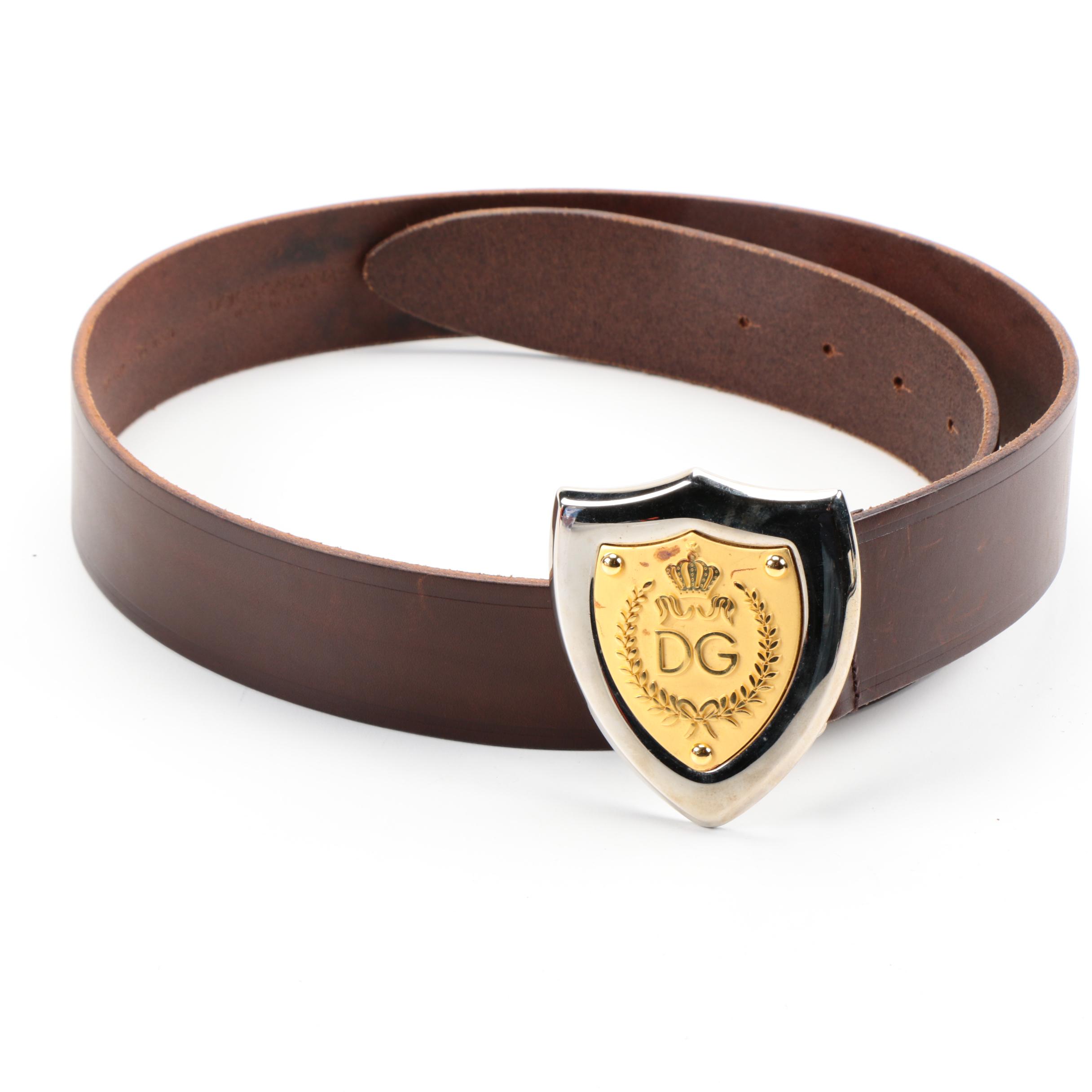 Dolce & Gabbana Brown Leather Belt with Shield Belt Buckle