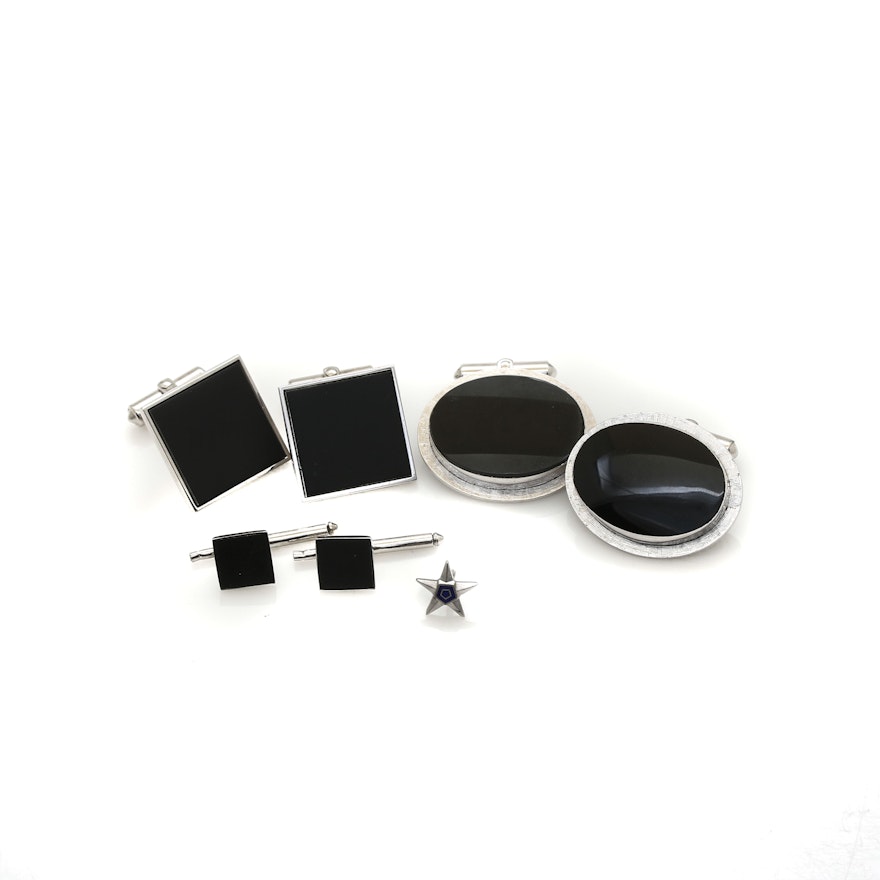 Silver Tone Cufflinks and Shirt Studs Including Sterling Silver and Black Onyx