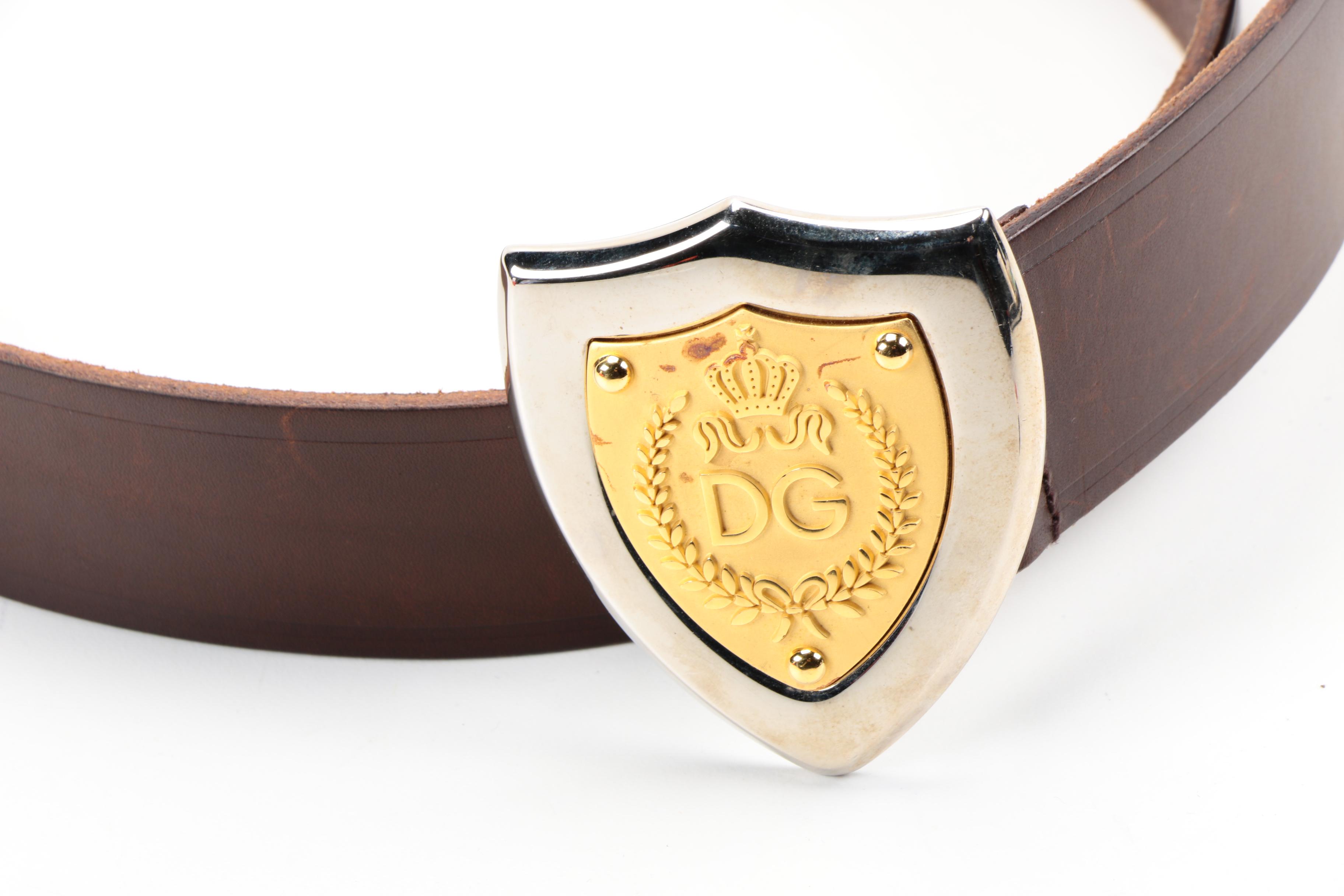 Dolce & Gabbana Brown Leather Belt with Shield Belt Buckle