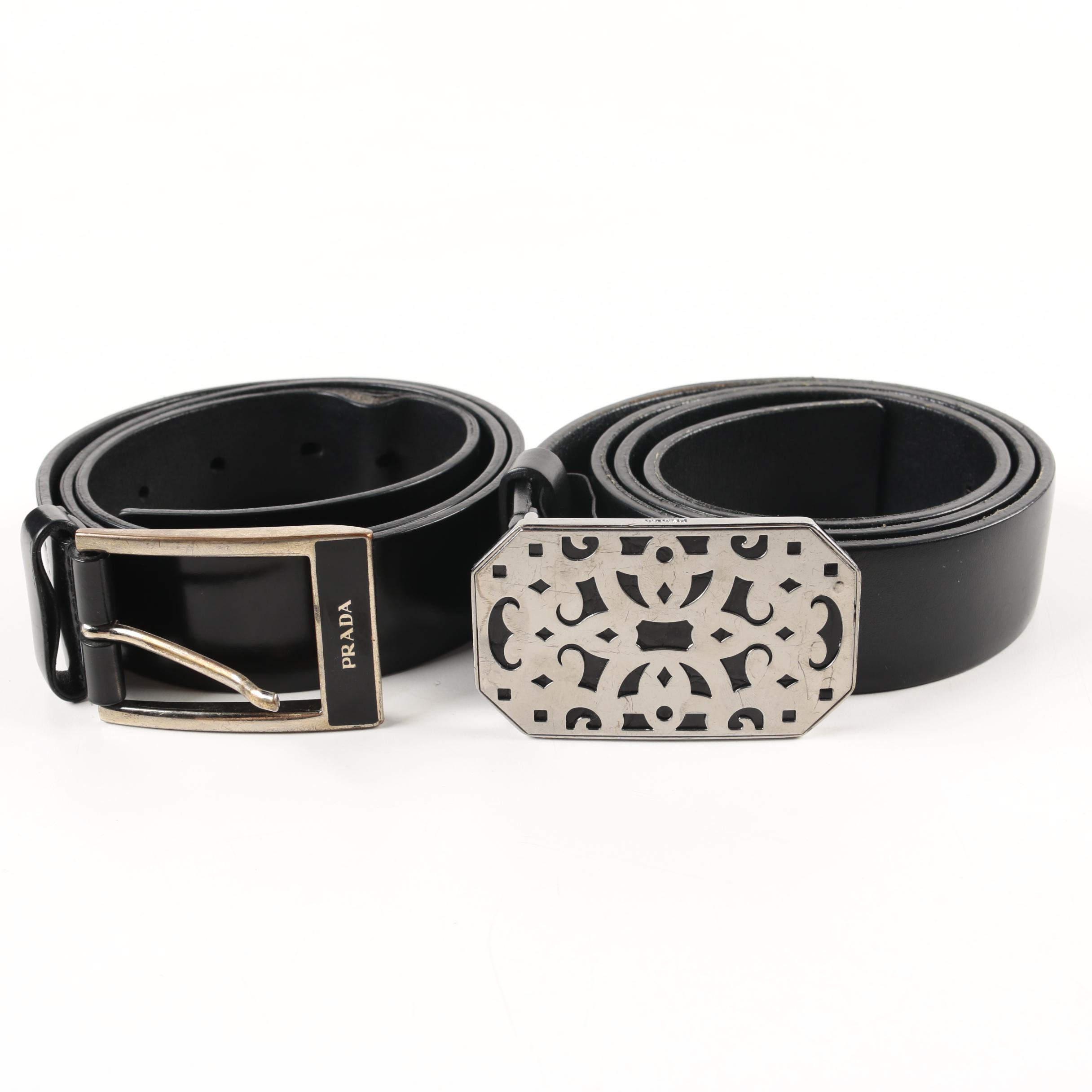 Two Pairs of Prada Black Leather Belts