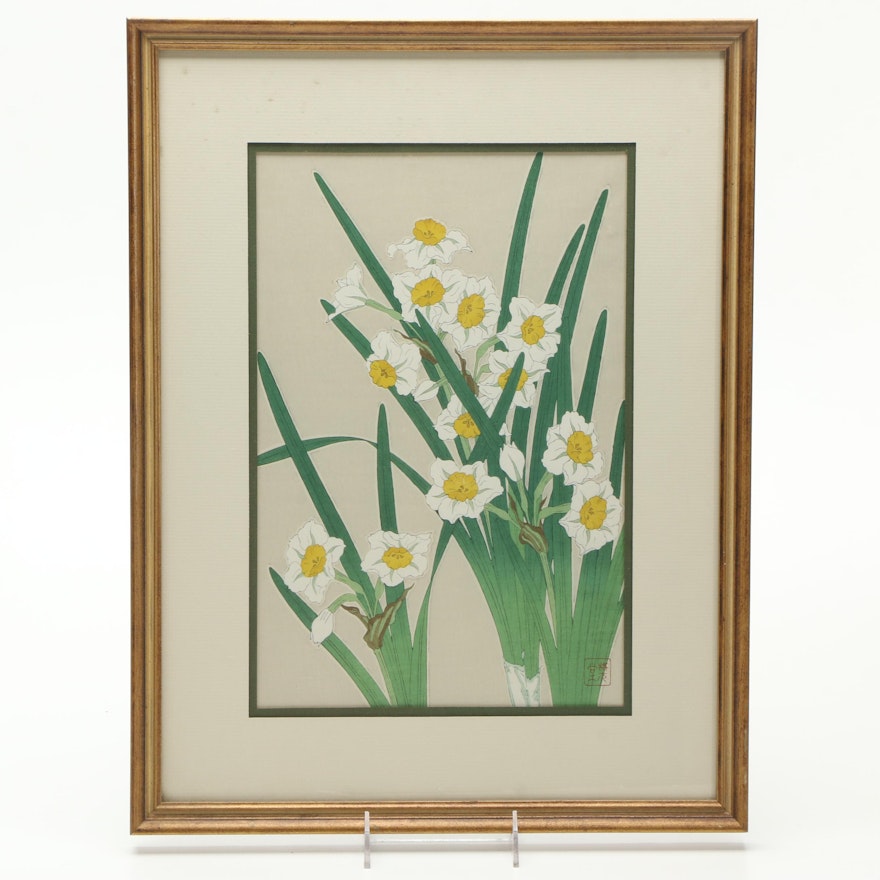 Woodblock Print on Rice Paper After Kawarazaki Shodo of Daffodils