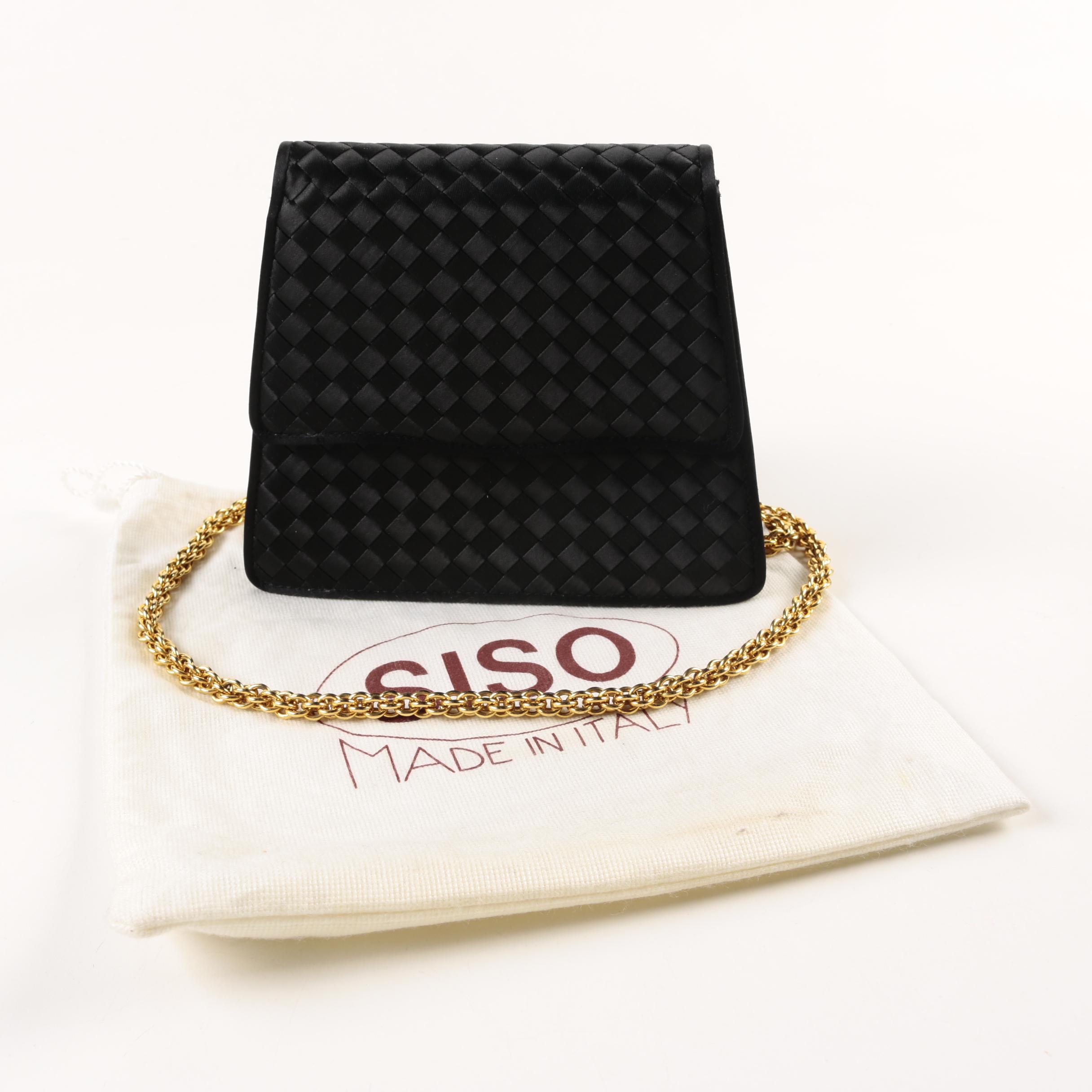 Siso Black Satin Evening Bag with Gold Tone Chain Strap
