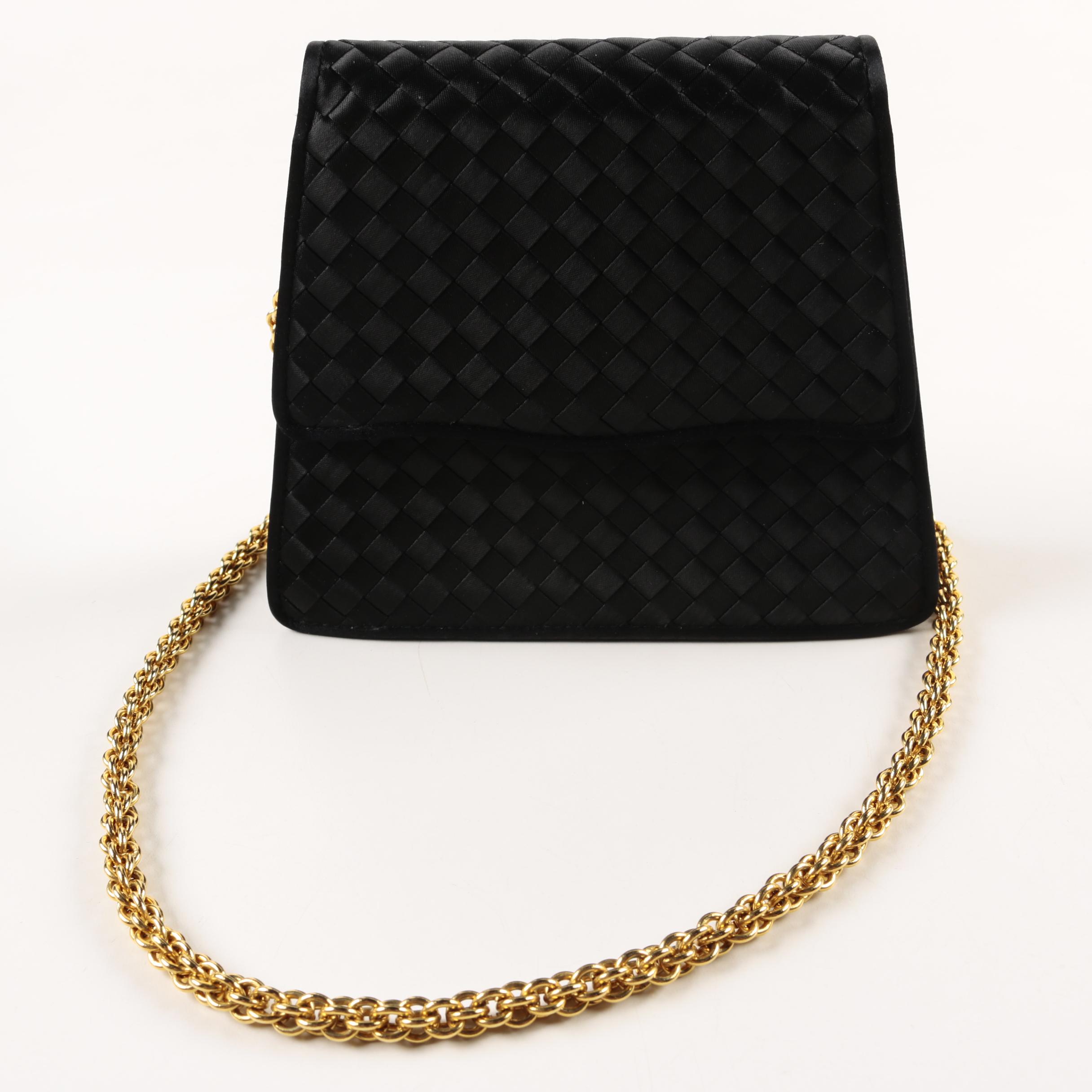 Siso Black Satin Evening Bag with Gold Tone Chain Strap