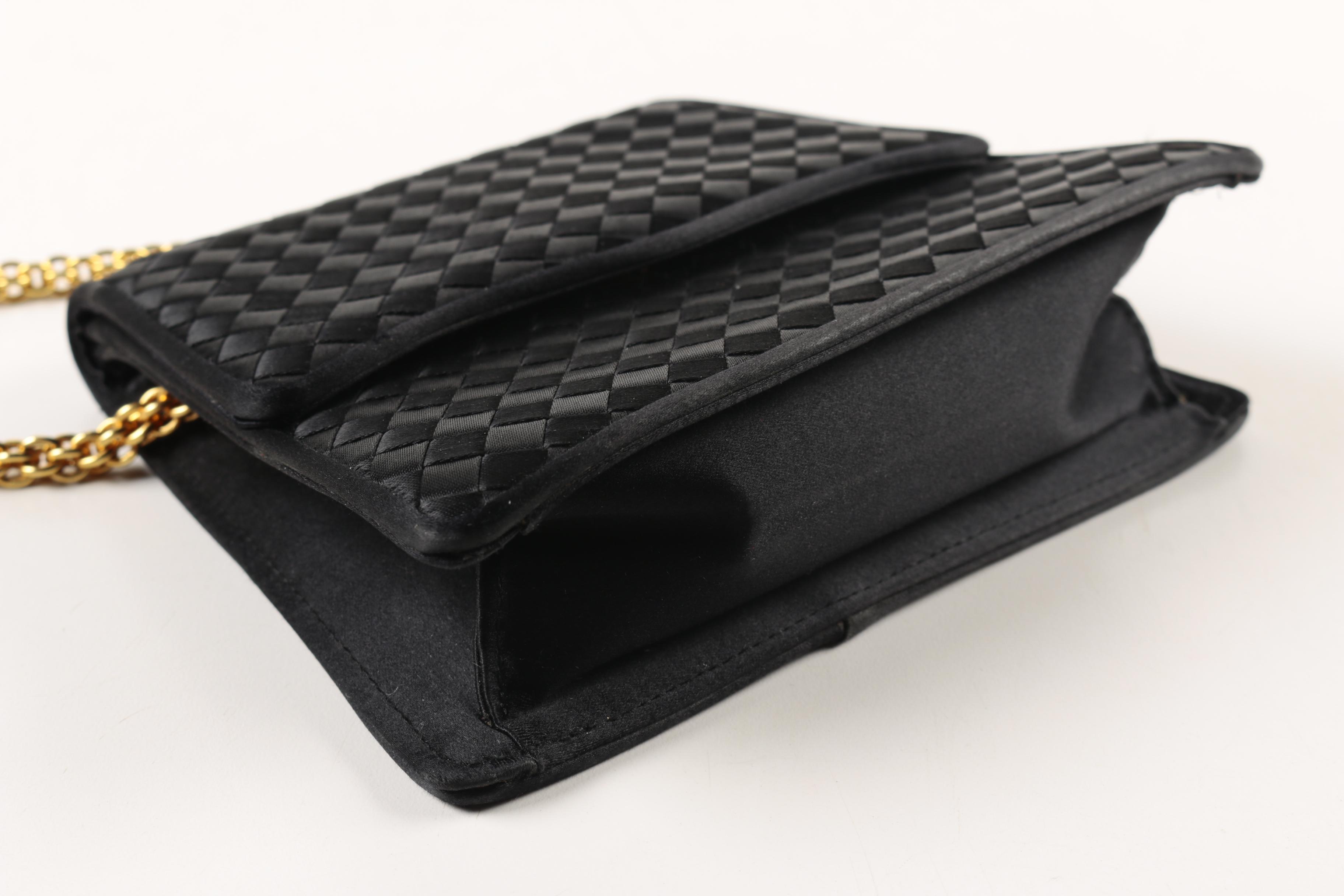 Siso Black Satin Evening Bag with Gold Tone Chain Strap